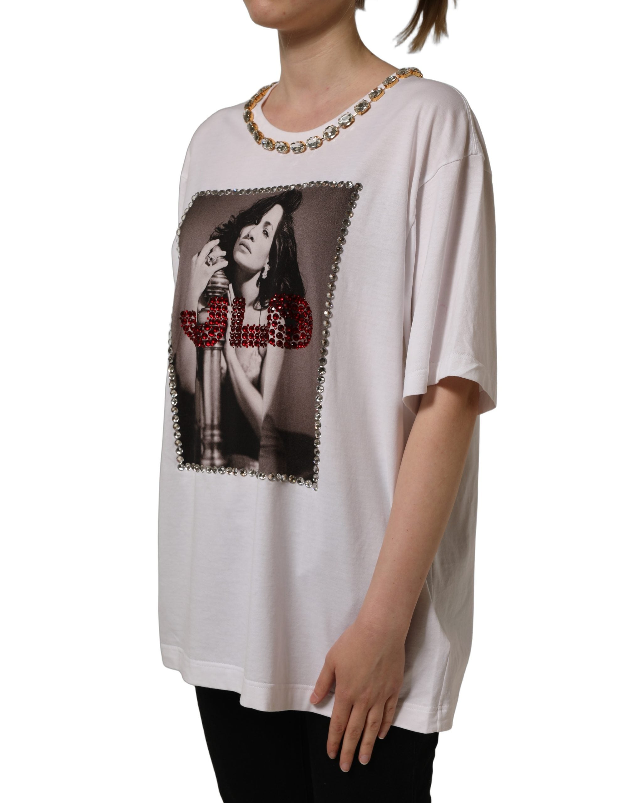 Dolce & Gabbana White Printed Jeweled Round Neck Women's T-shirt (Pre-Owned)