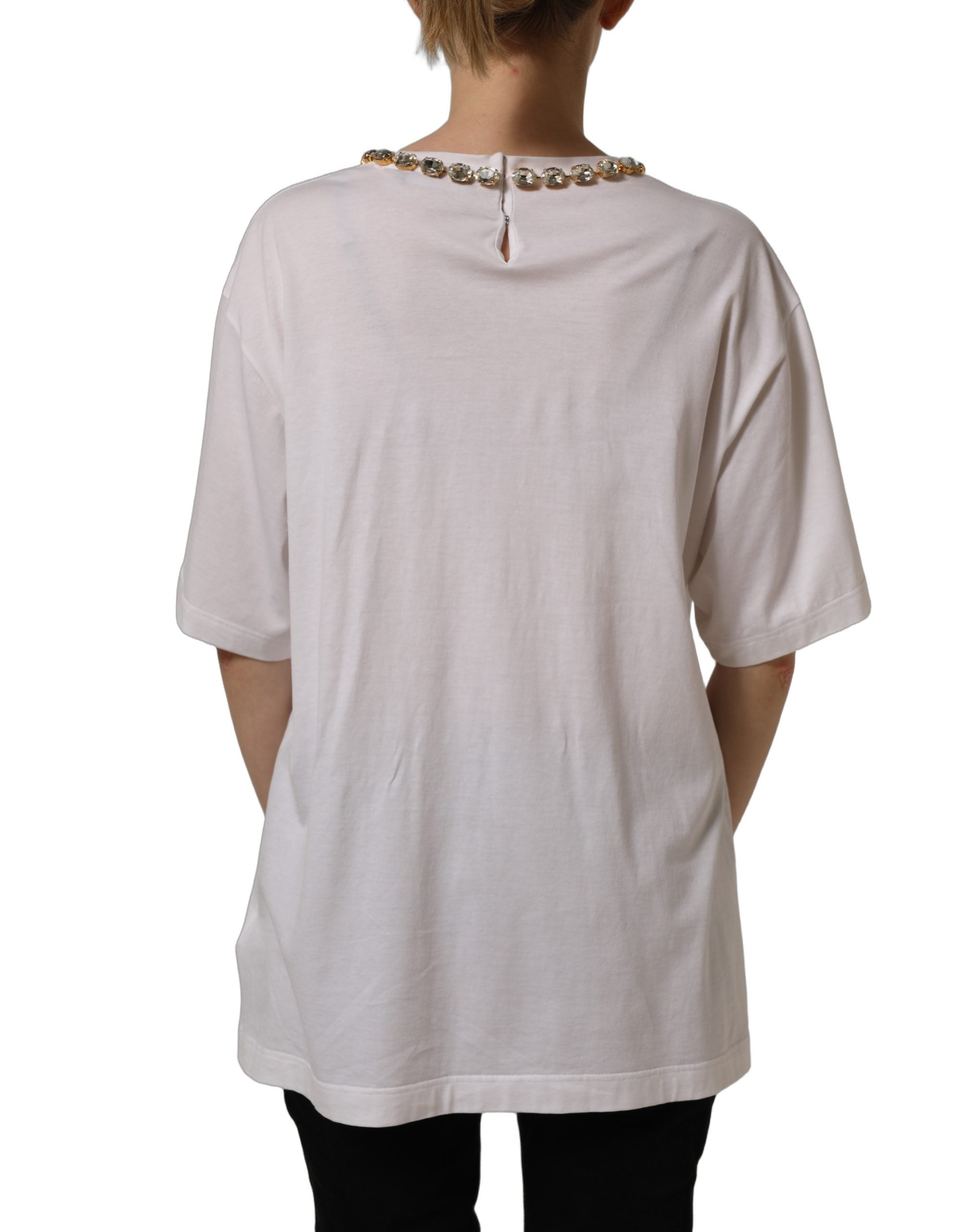 Dolce & Gabbana White Printed Jeweled Round Neck Women's T-shirt (Pre-Owned)