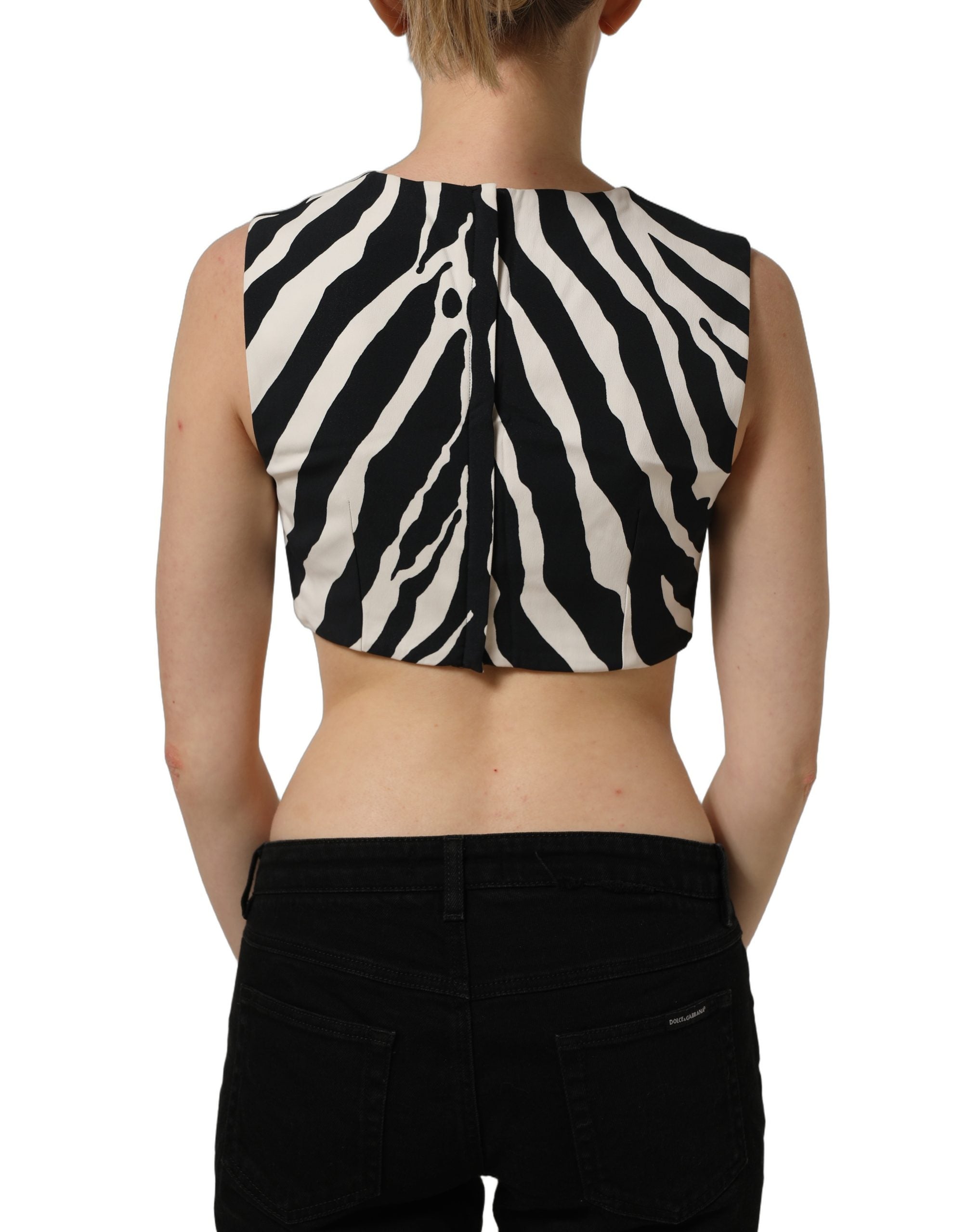 Dolce & Gabbana Black White Zebra Sleeveless Cropped Tank Women's Top