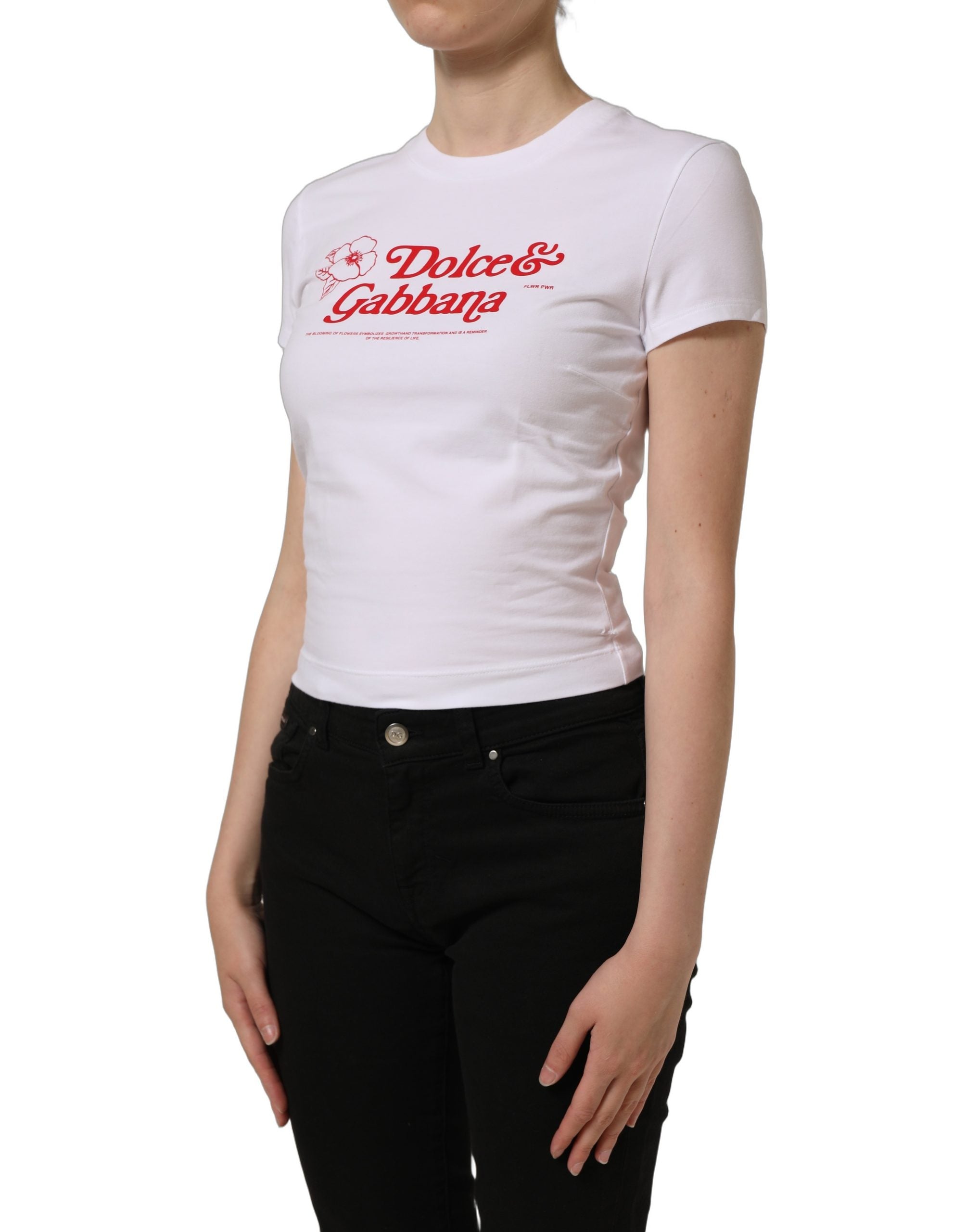 Dolce & Gabbana White Floral Logo Print Crew Neck Women's T-shirt