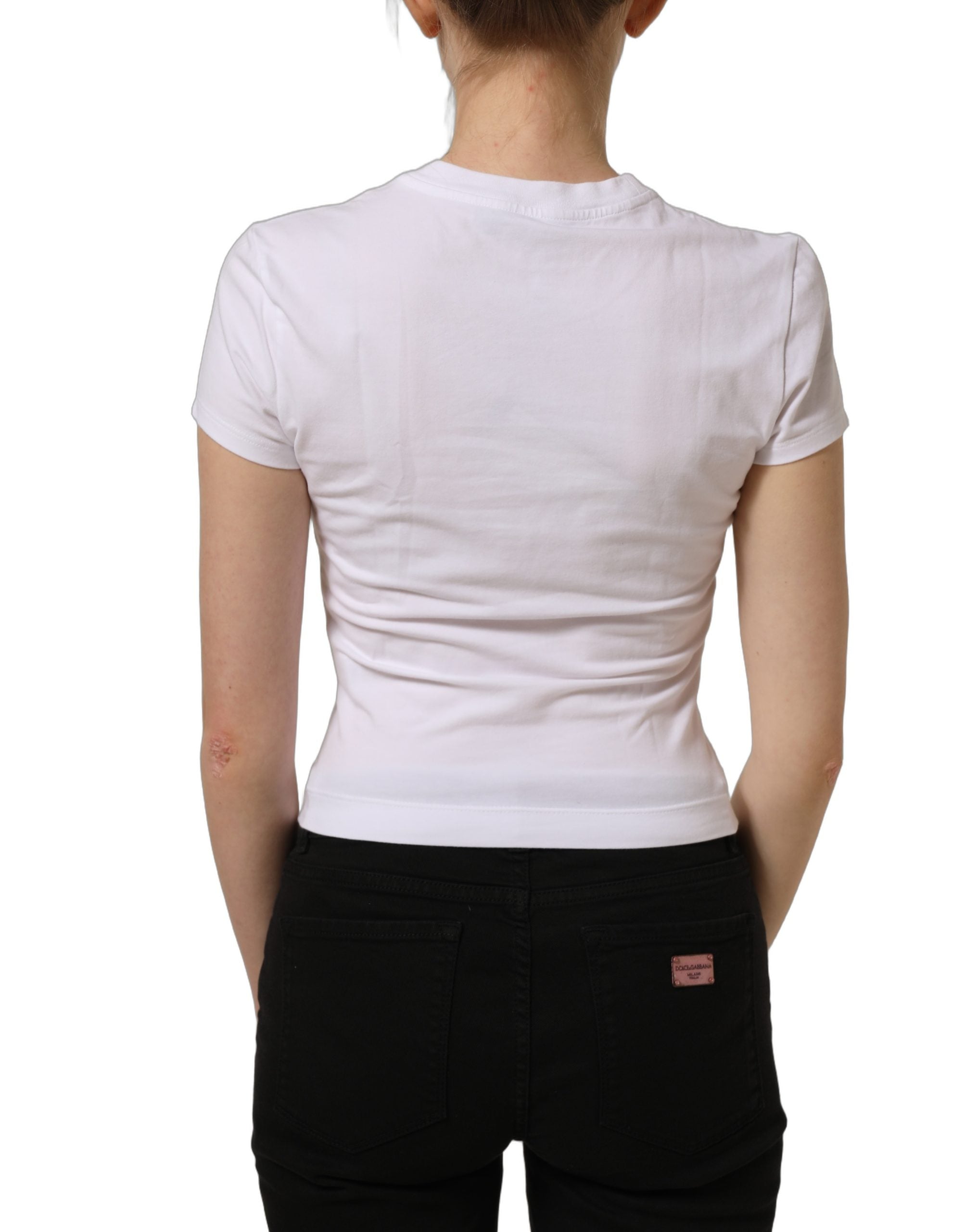 Dolce & Gabbana White Floral Logo Print Crew Neck Women's T-shirt
