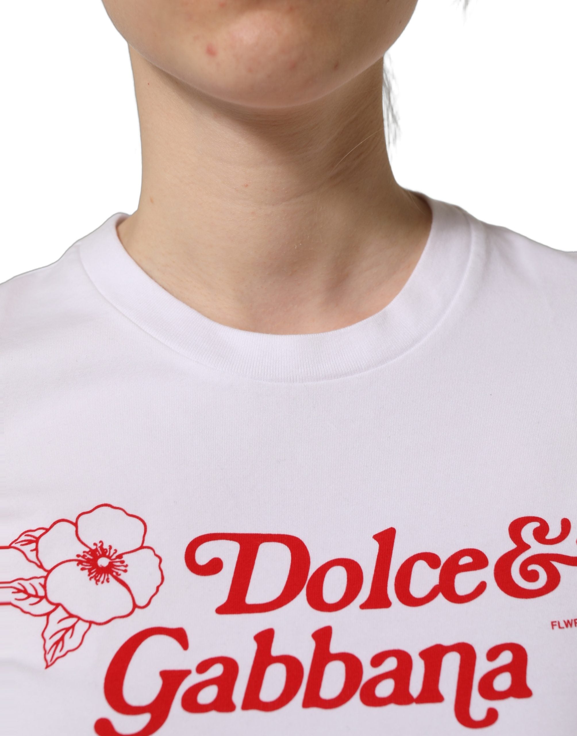 Dolce & Gabbana White Floral Logo Print Crew Neck Women's T-shirt