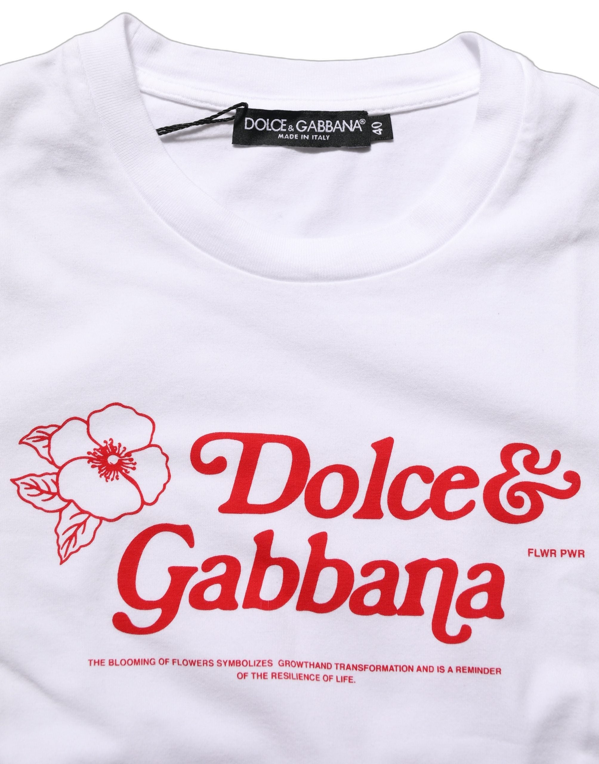 Dolce & Gabbana White Floral Logo Print Crew Neck Women's T-shirt