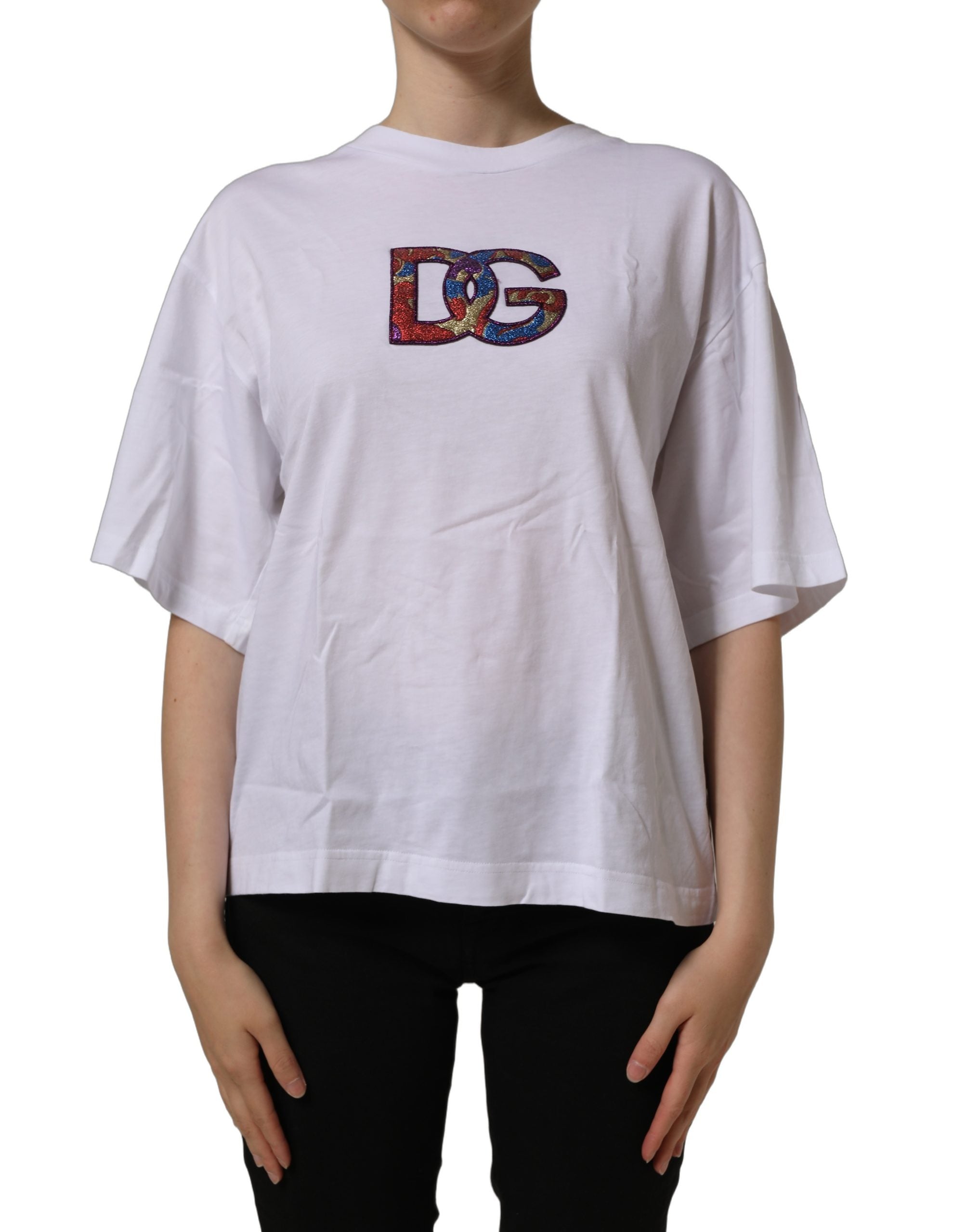 Dolce & Gabbana White Logo Patch Cotton Crew Neck Women's T-shirt