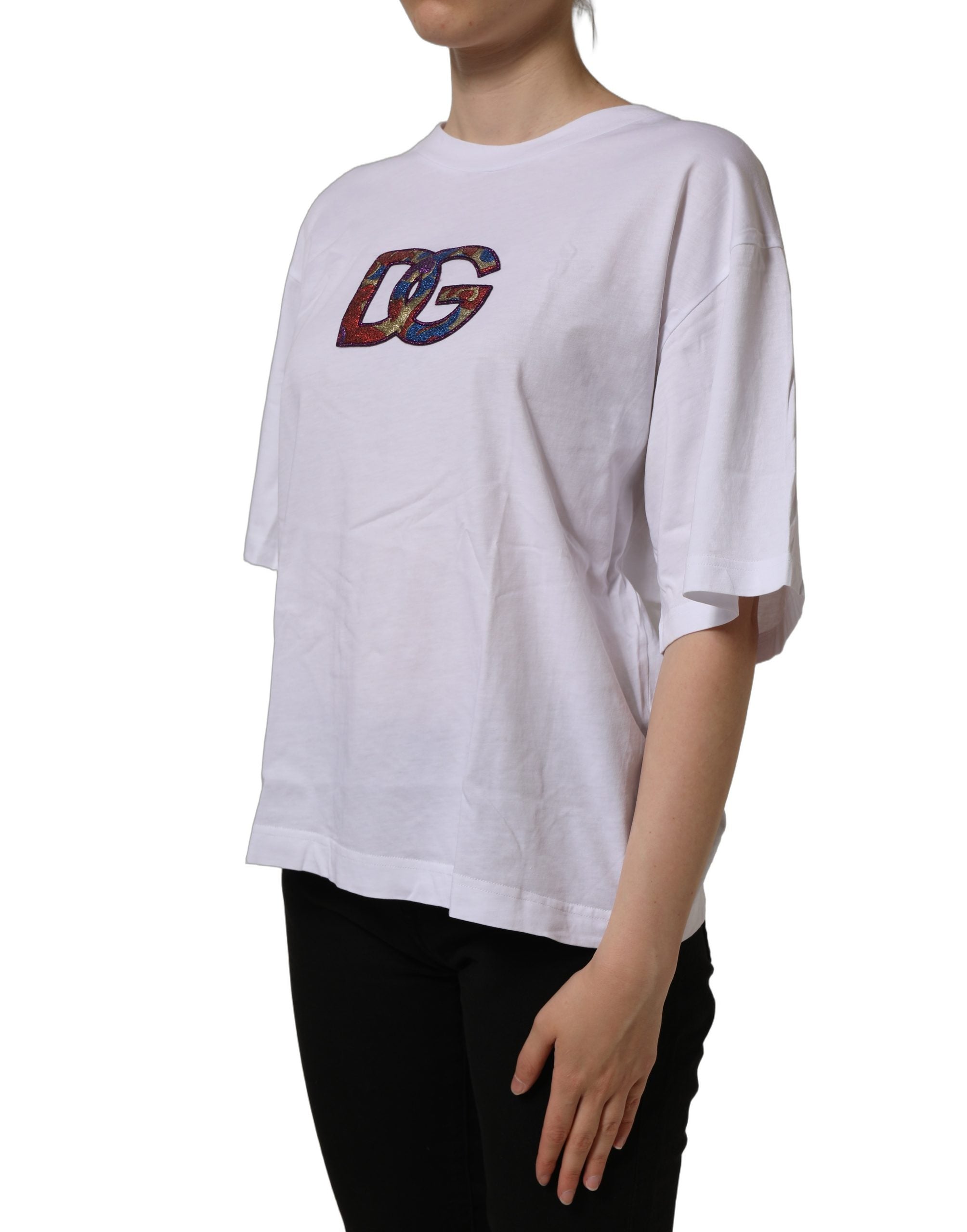 Dolce & Gabbana White Logo Patch Cotton Crew Neck Women's T-shirt