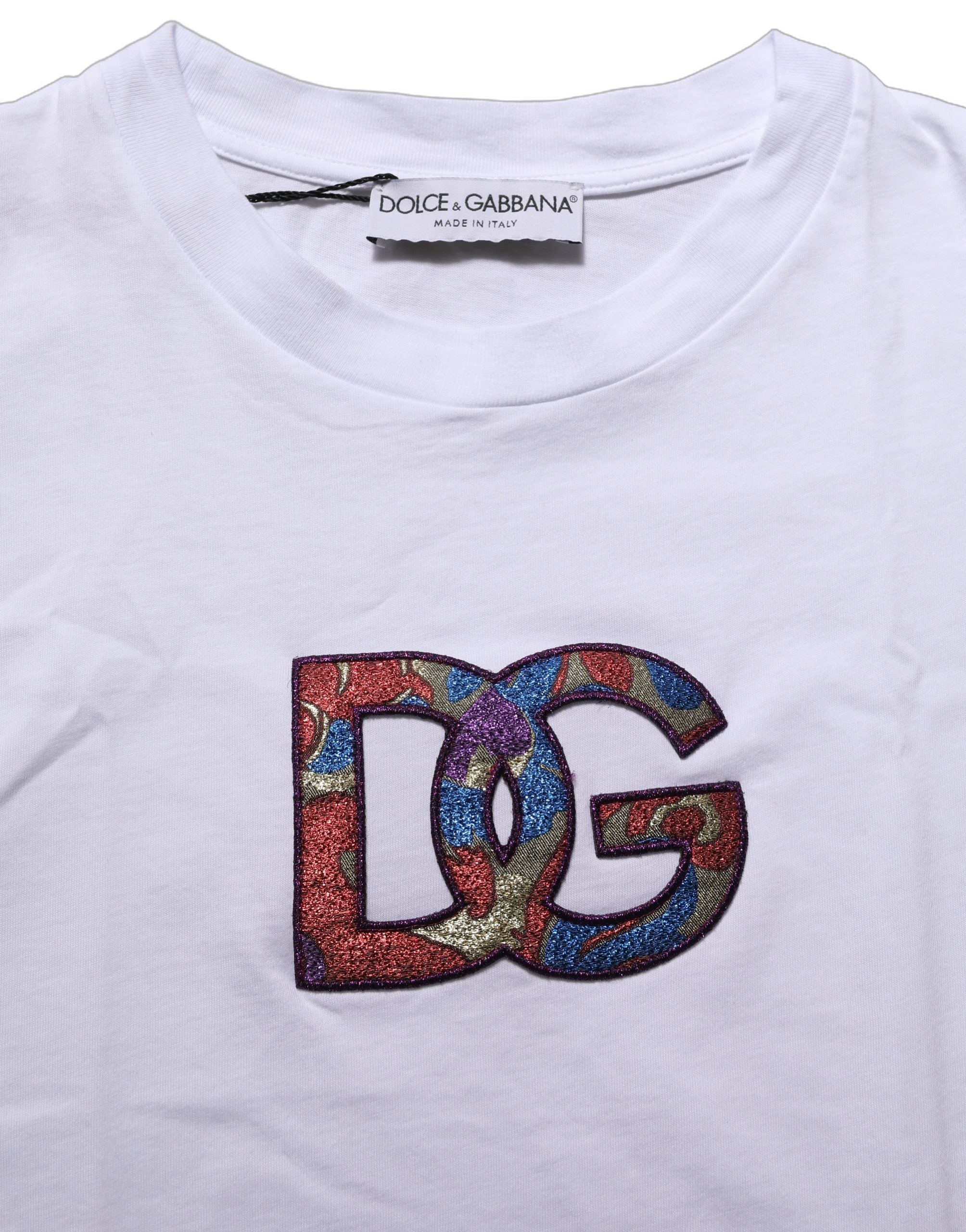 Dolce & Gabbana White Logo Patch Cotton Crew Neck Women's T-shirt