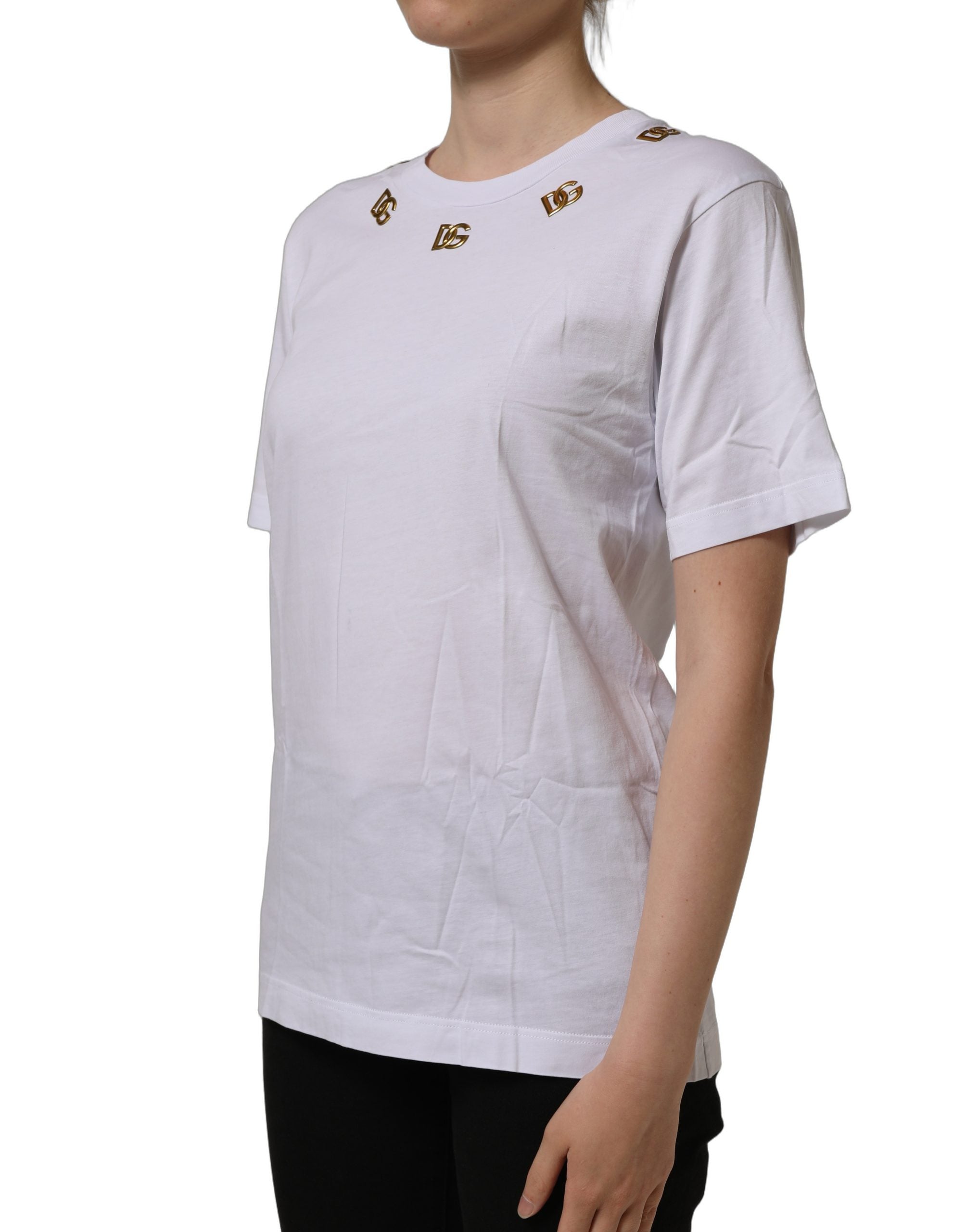 Dolce & Gabbana White Cotton Gold DG Logo Crew Neck Women's T-shirt (Pre-Owned)