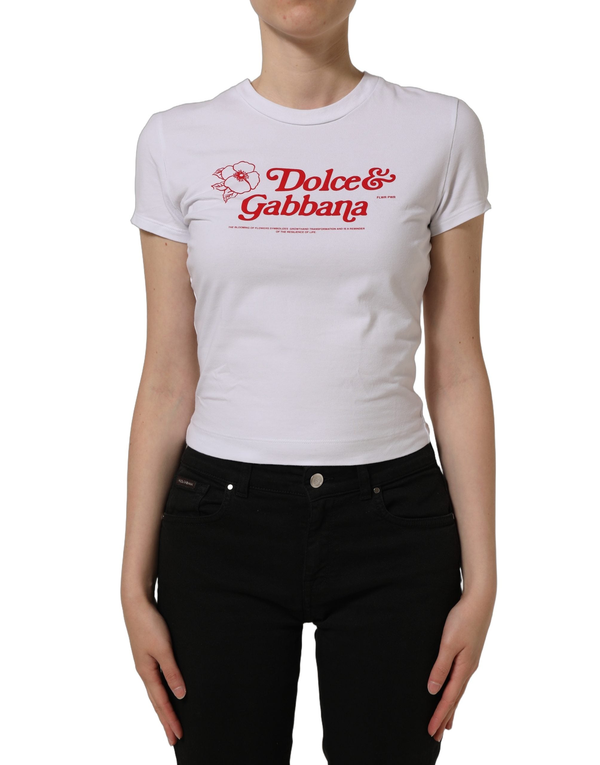 Dolce & Gabbana White Floral Logo Print Crew Neck Women's T-shirt (Pre-Owned)