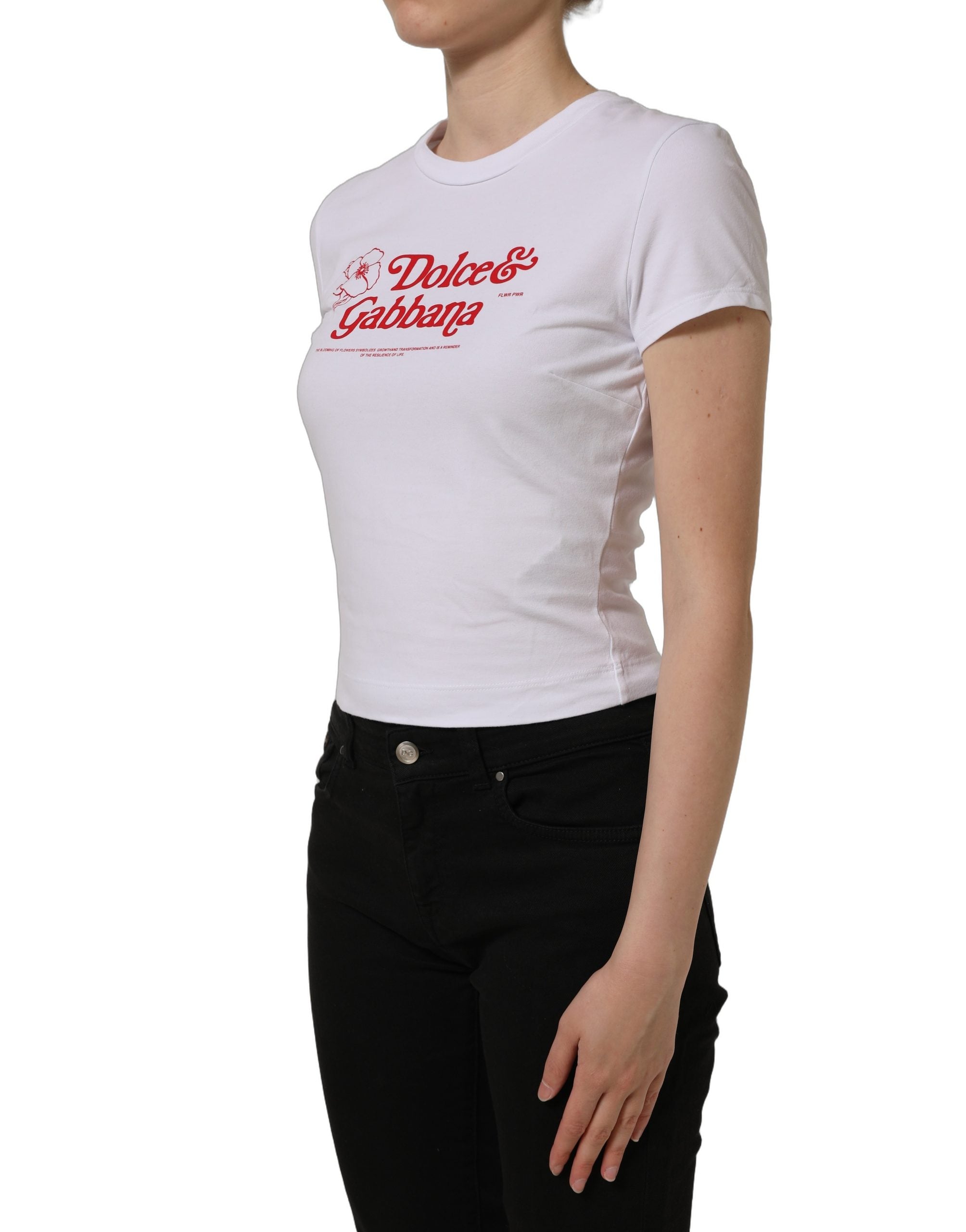 Dolce & Gabbana White Floral Logo Print Crew Neck Women's T-shirt (Pre-Owned)