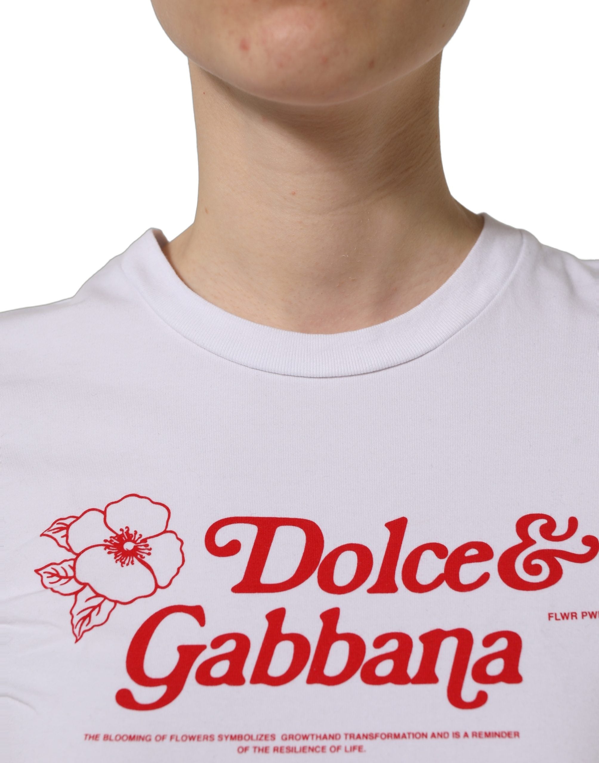 Dolce & Gabbana White Floral Logo Print Crew Neck Women's T-shirt (Pre-Owned)