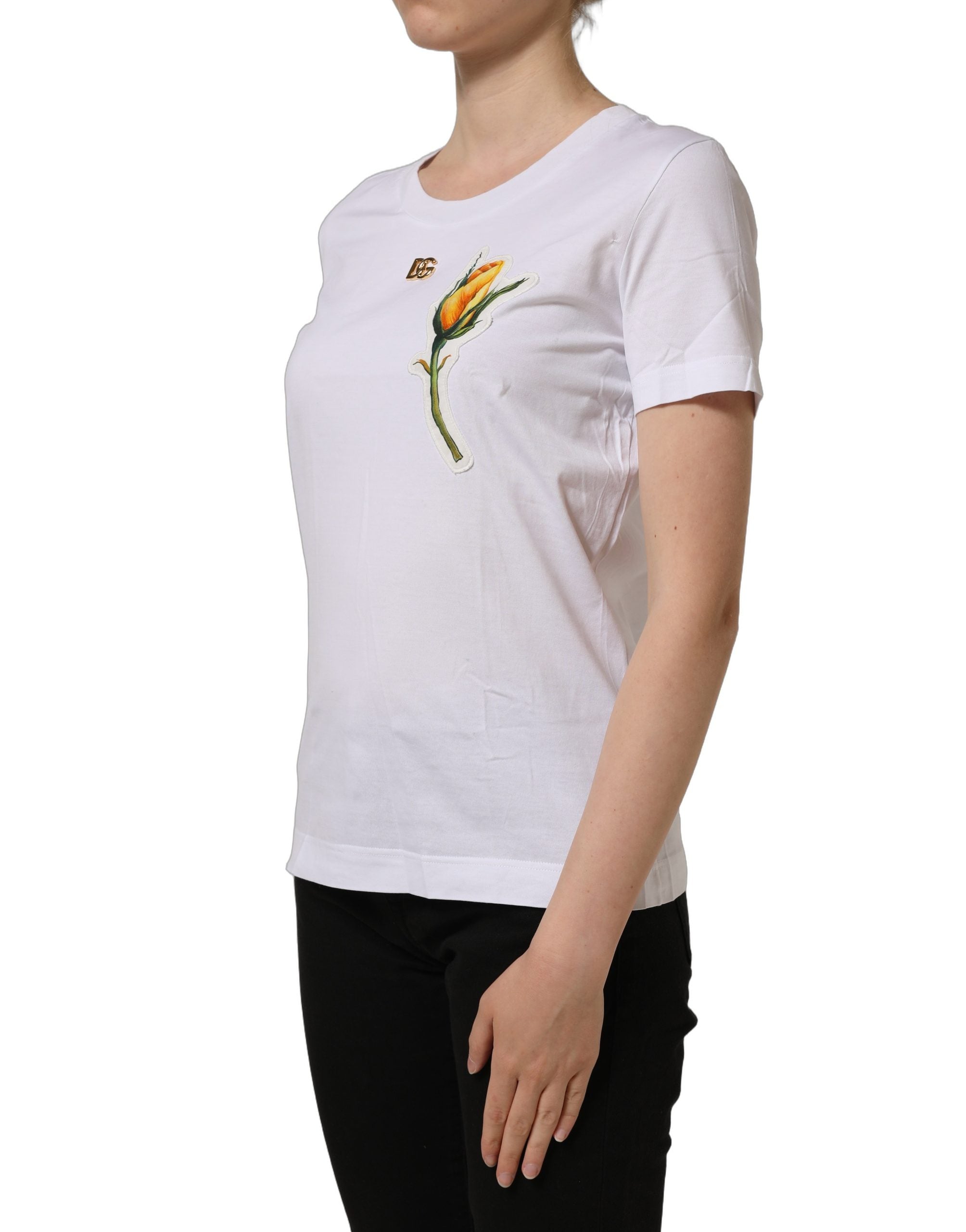 Dolce & Gabbana White Cotton Rose Patch Crew Neck Women's T-shirt (Pre-Owned)