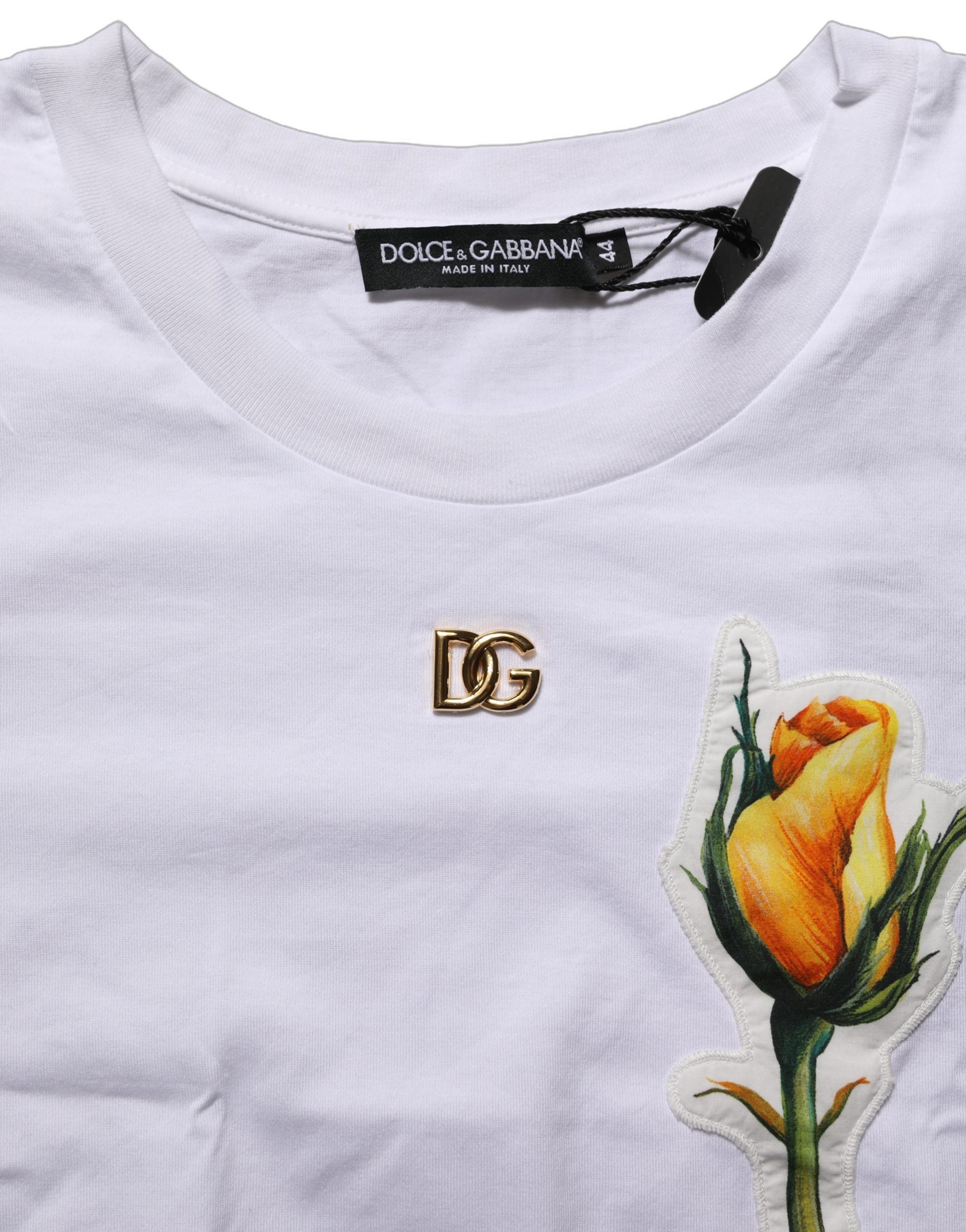 Dolce & Gabbana White Cotton Rose Patch Crew Neck Women's T-shirt (Pre-Owned)