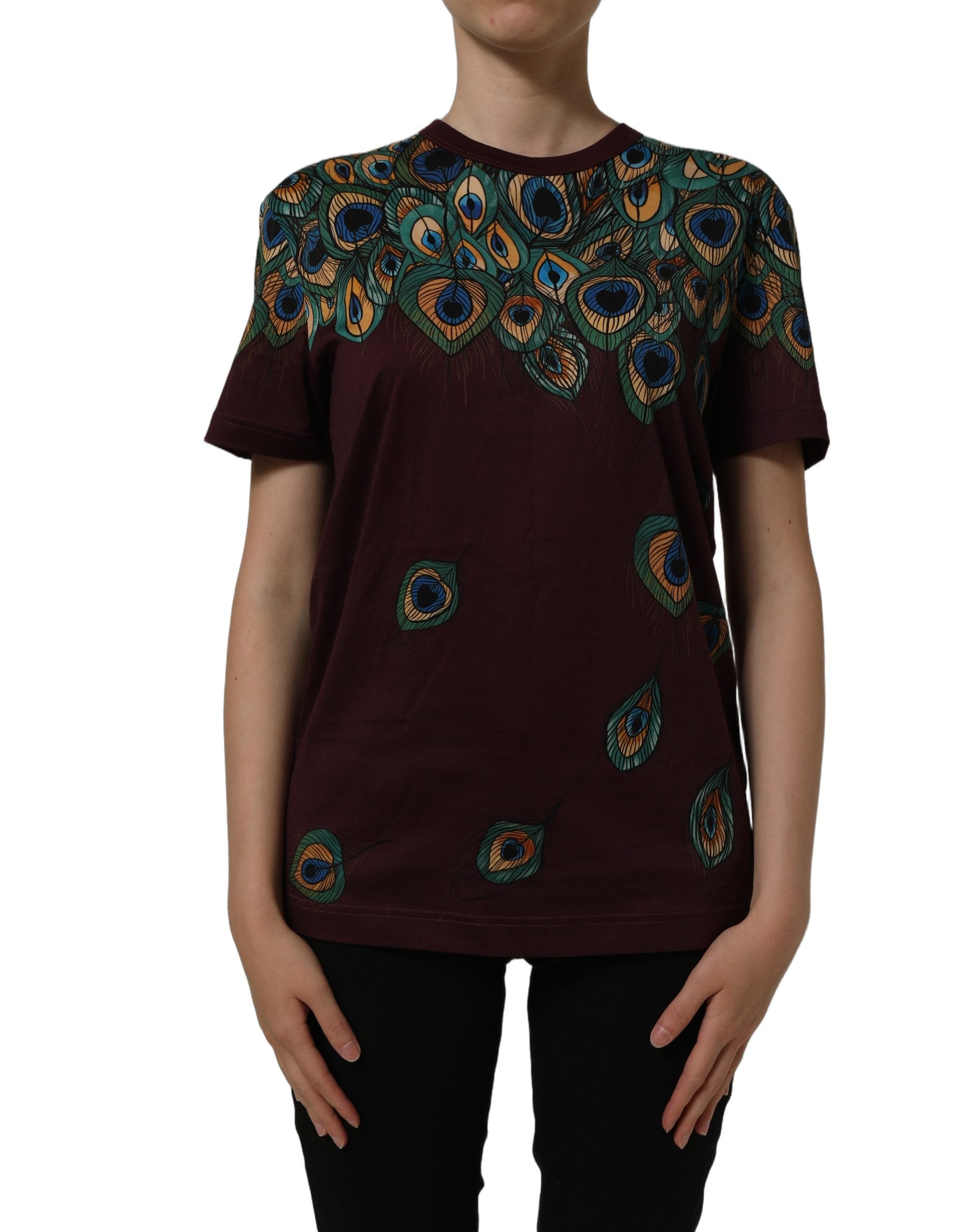 Dolce & Gabbana Burgundy Peacock Feather Round Neck Women's T-shirt