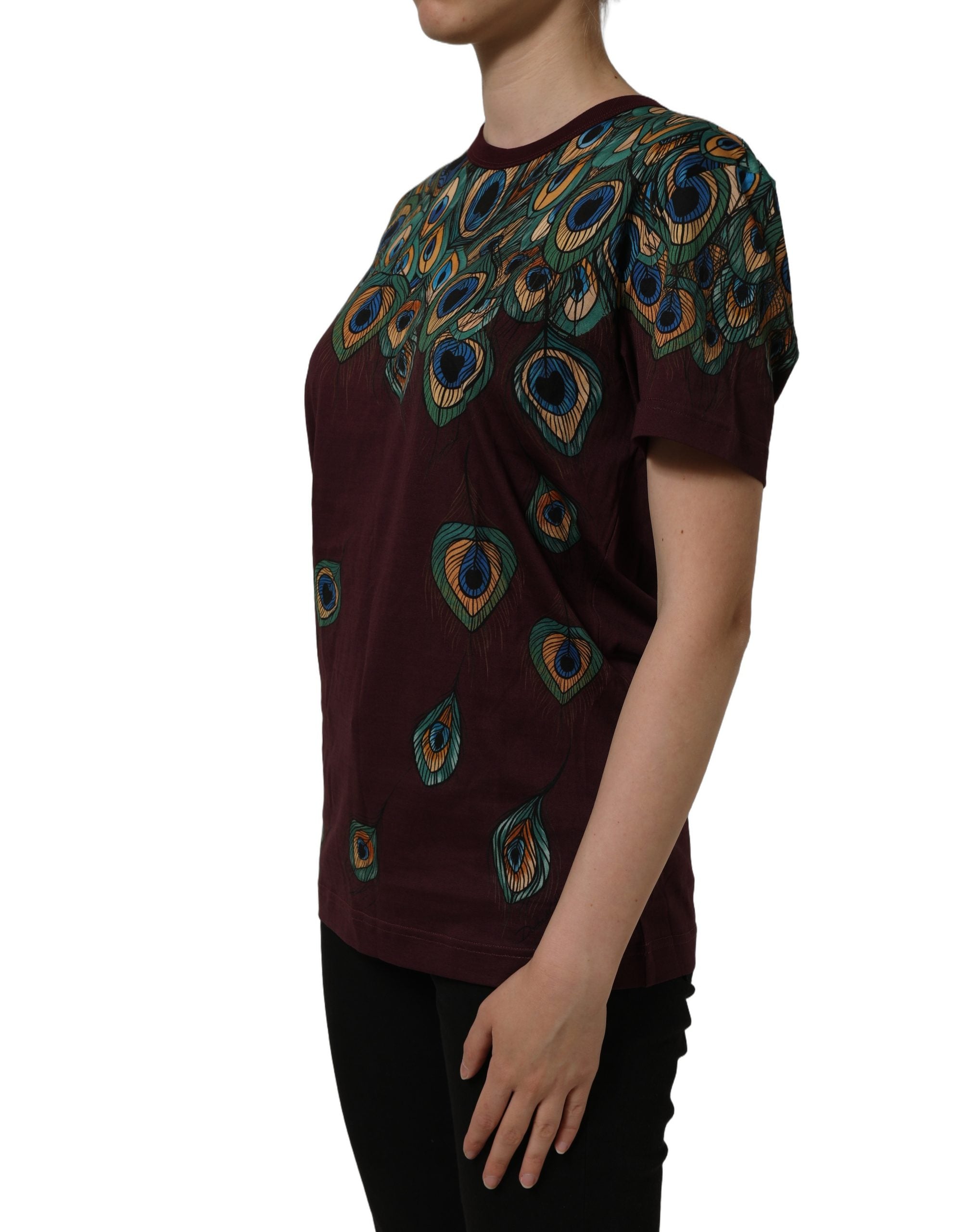 Dolce & Gabbana Burgundy Peacock Feather Round Neck Women's T-shirt