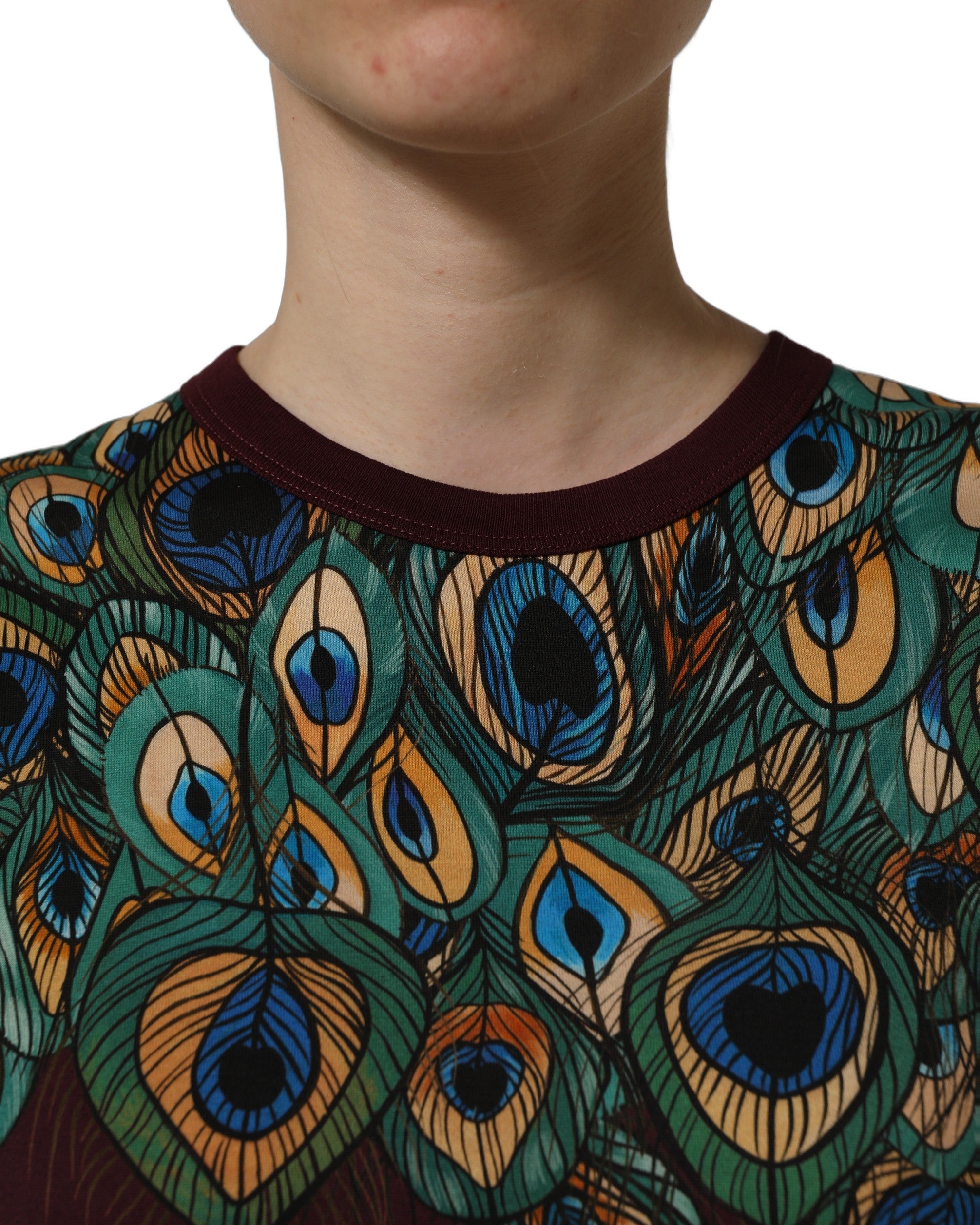 Dolce & Gabbana Burgundy Peacock Feather Round Neck Women's T-shirt
