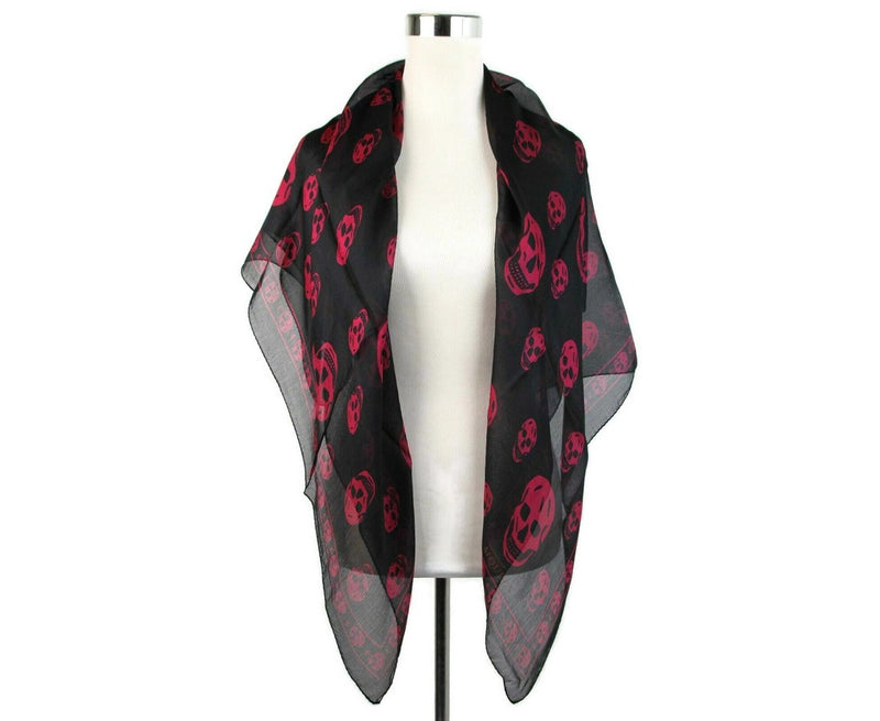 Alexander McQueen Women's Black Chiffon Silk With Purple Pink Skull Print Scarf 110640 1071