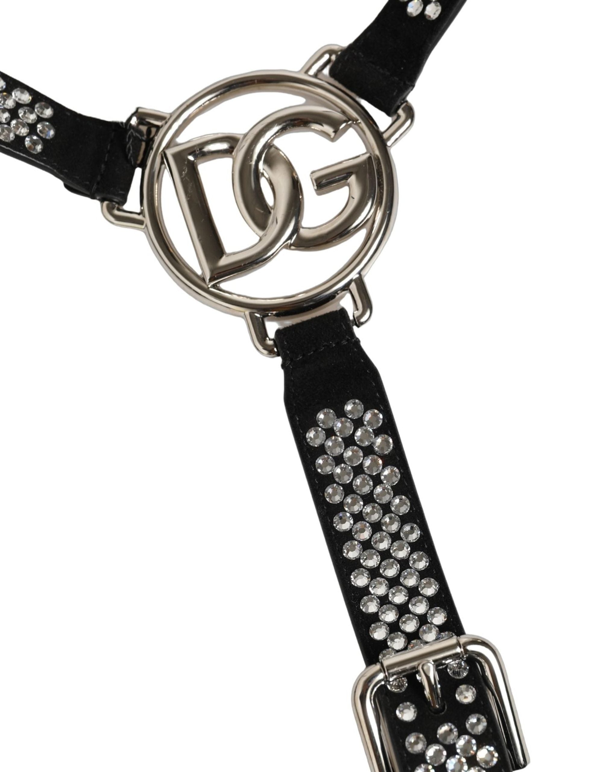 Dolce & Gabbana Black Leather Rhinestones Embellished Men Men's Suspender