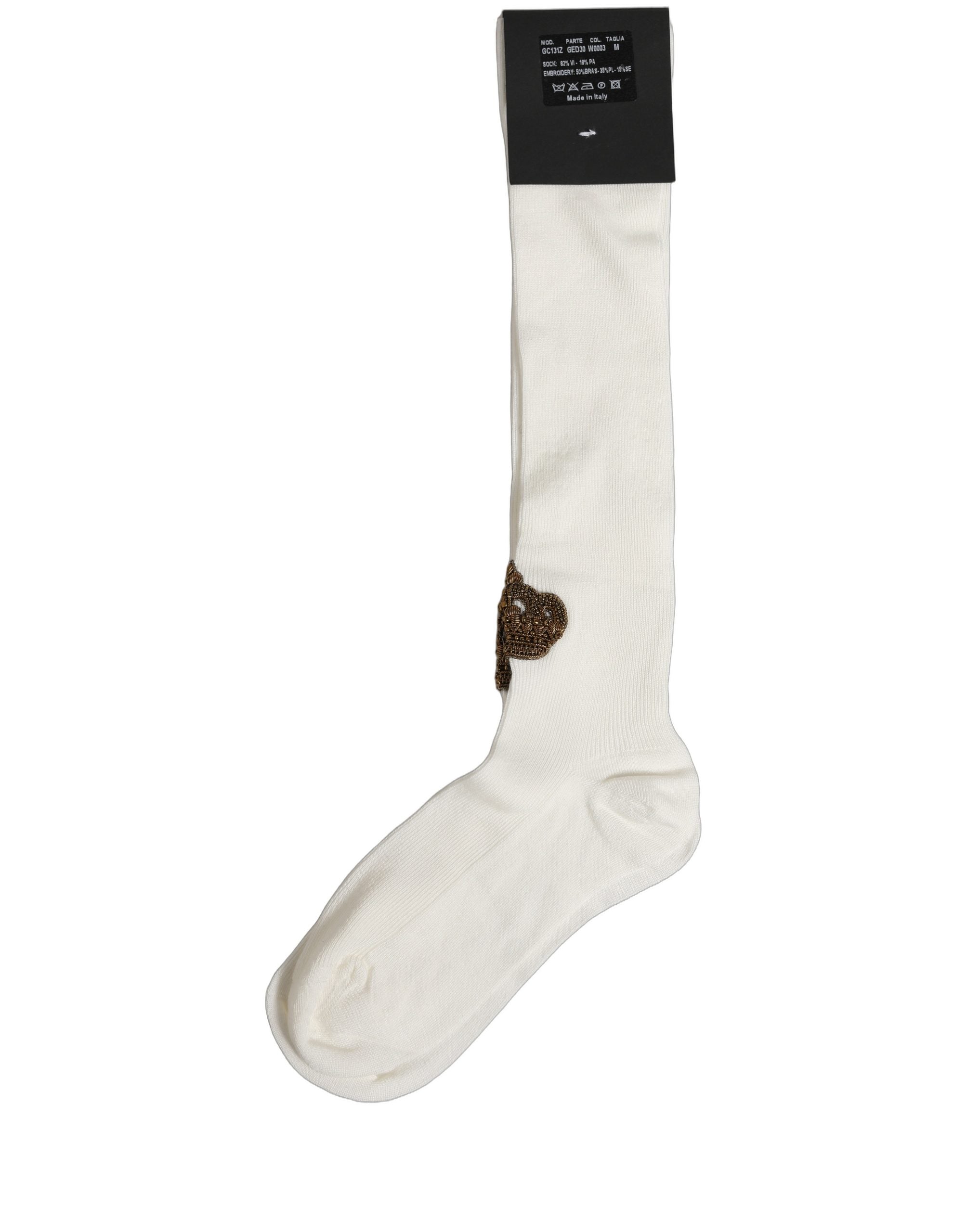 Dolce & Gabbana White Crown Embroidery Knee High Accessory Men's Socks