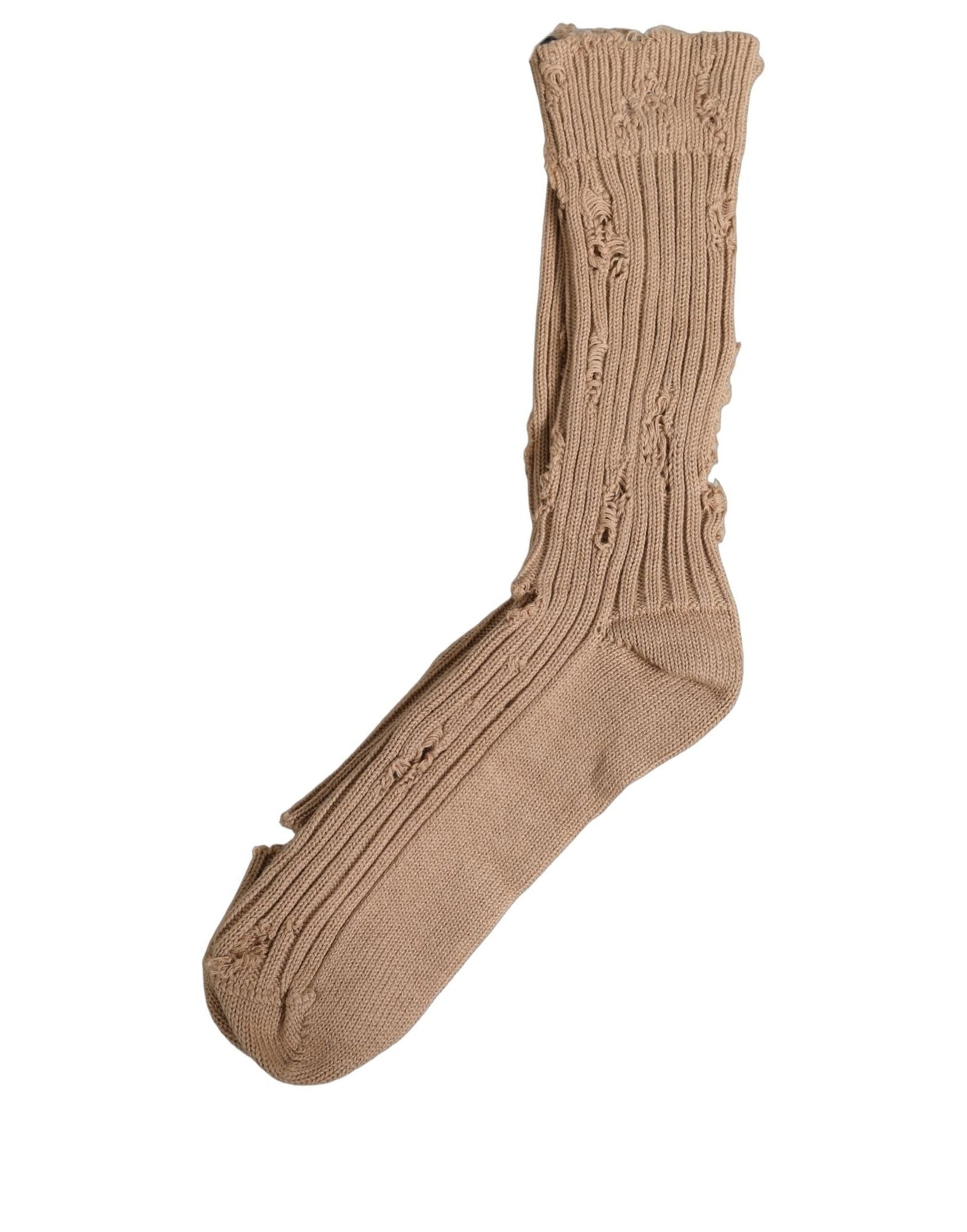 Dolce & Gabbana Beige Cotton Distressed Mid Calf Accessory Men's Socks