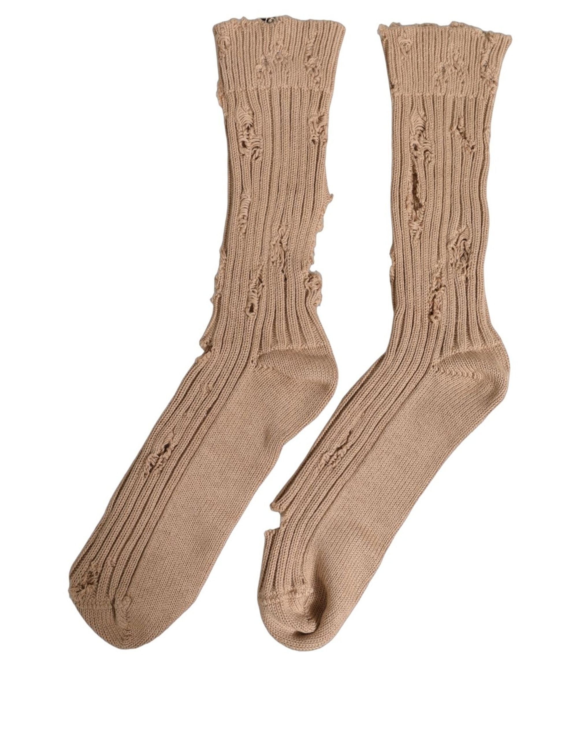 Dolce & Gabbana Beige Cotton Distressed Mid Calf Accessory Men's Socks