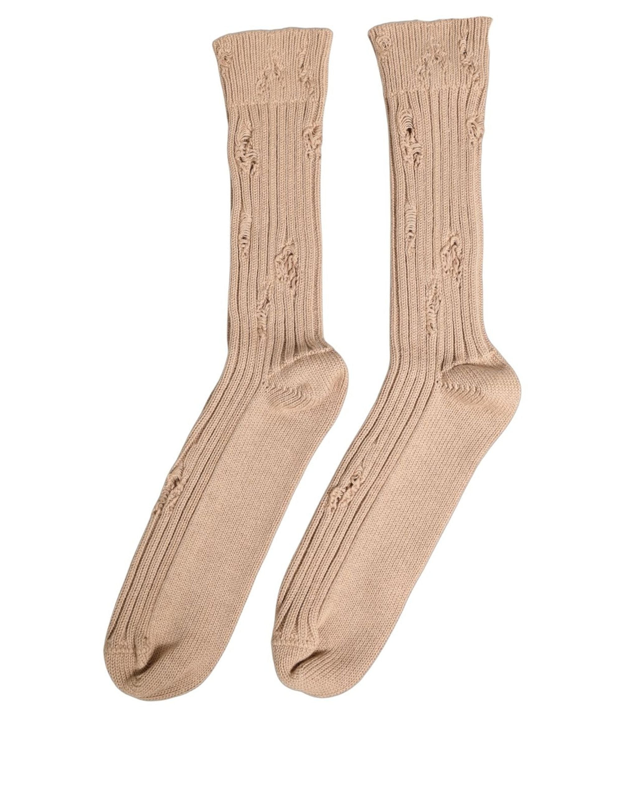Dolce & Gabbana Beige Cotton Distressed Mid Calf Accessory Men's Socks