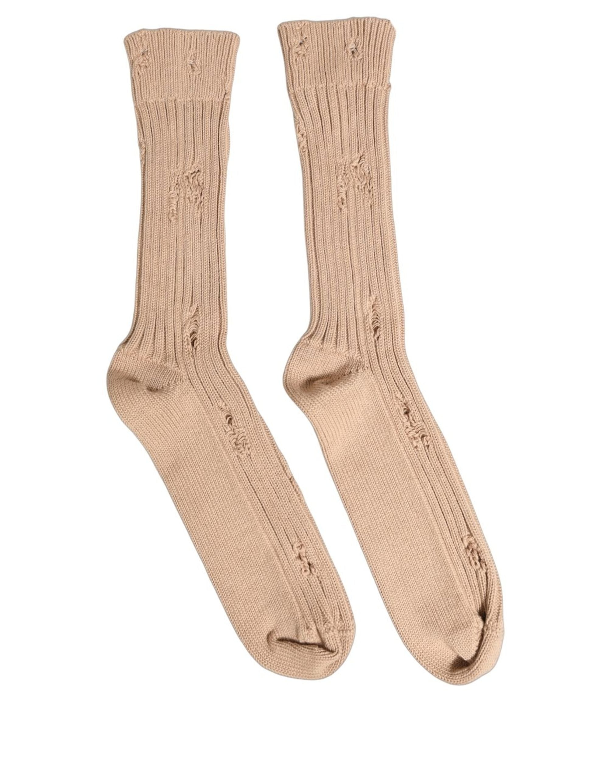Dolce & Gabbana Beige Cotton Distressed Mid Calf Accessory Men's Socks