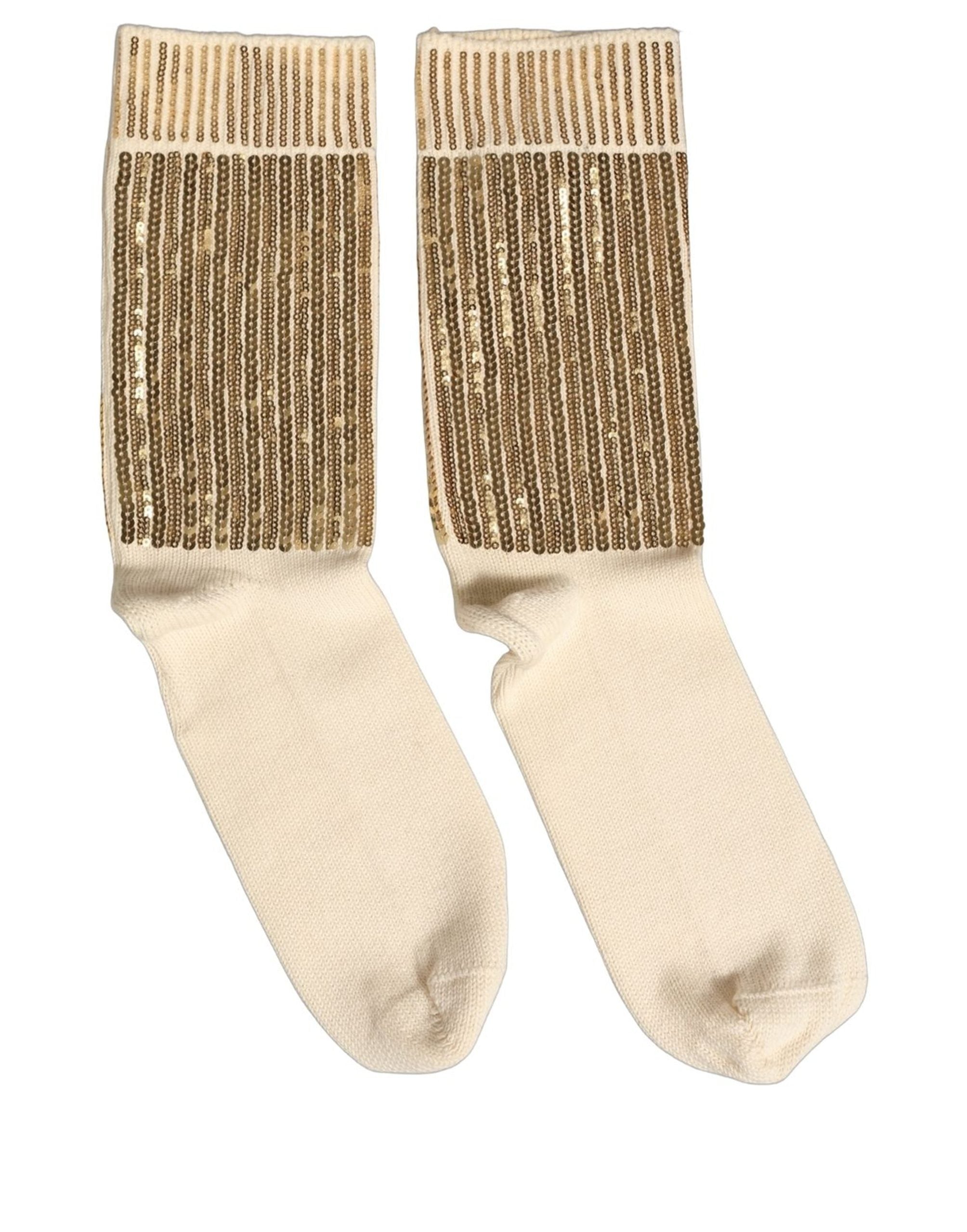 Dolce & Gabbana Off White Sequin Cotton Mid Calf Accessory Men's Socks