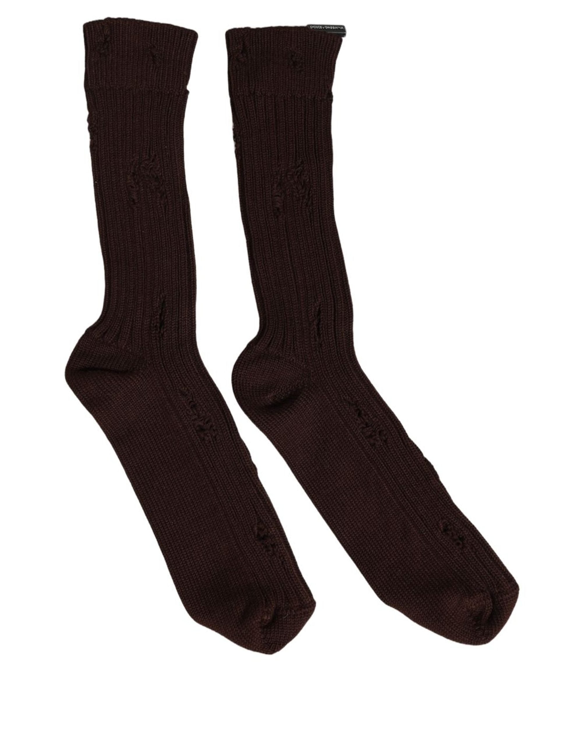 Dolce & Gabbana Dark Brown Cotton Distressed Mid Calf Accessory Men's Socks