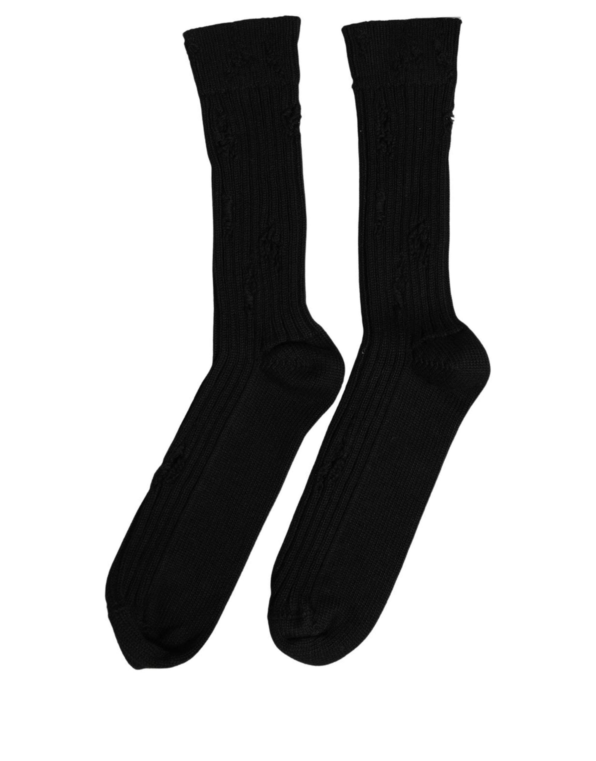 Dolce & Gabbana Men Black Cotton Distressed Mid Calf Accessory Men's Socks