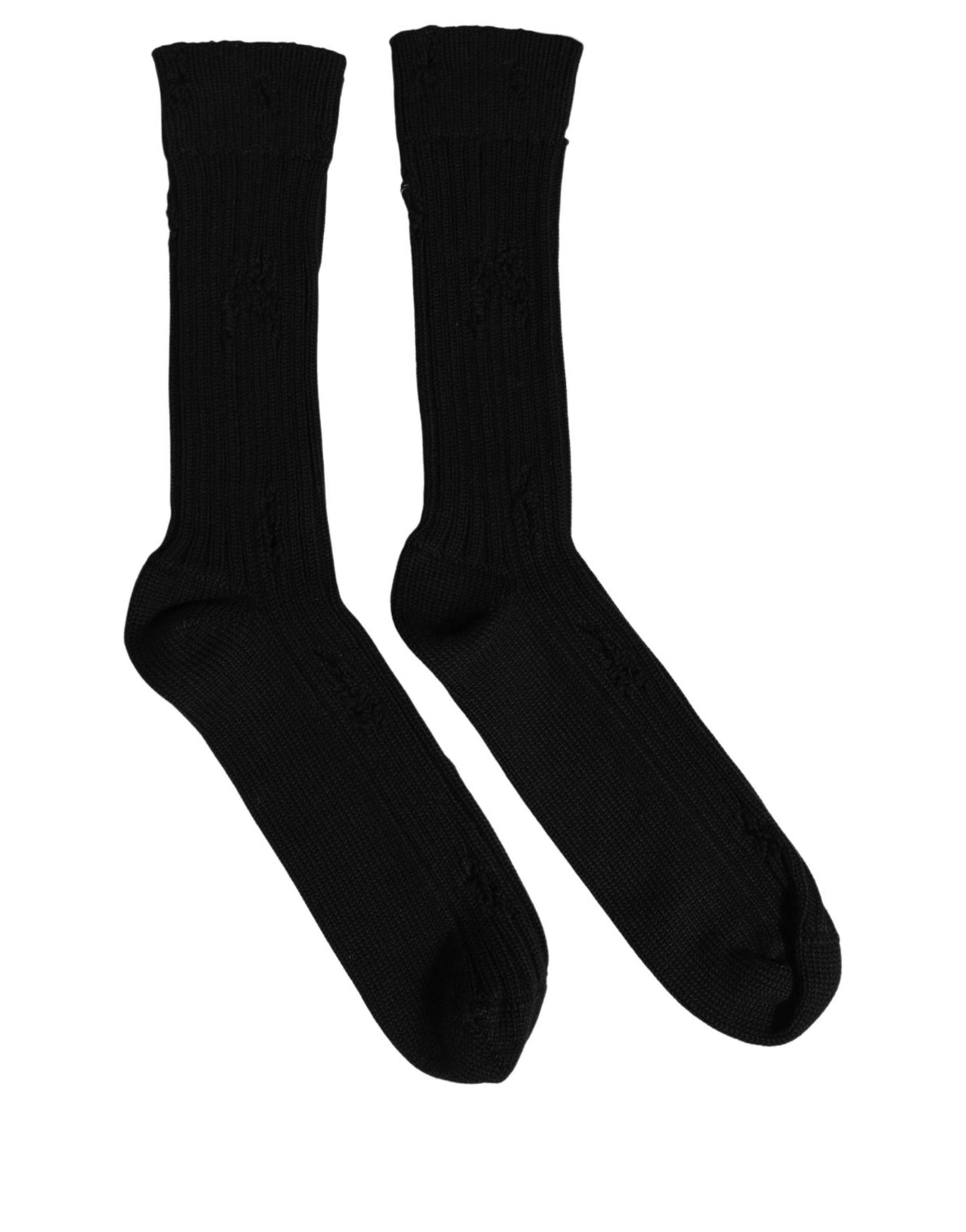 Dolce & Gabbana Men Black Cotton Distressed Mid Calf Accessory Men's Socks