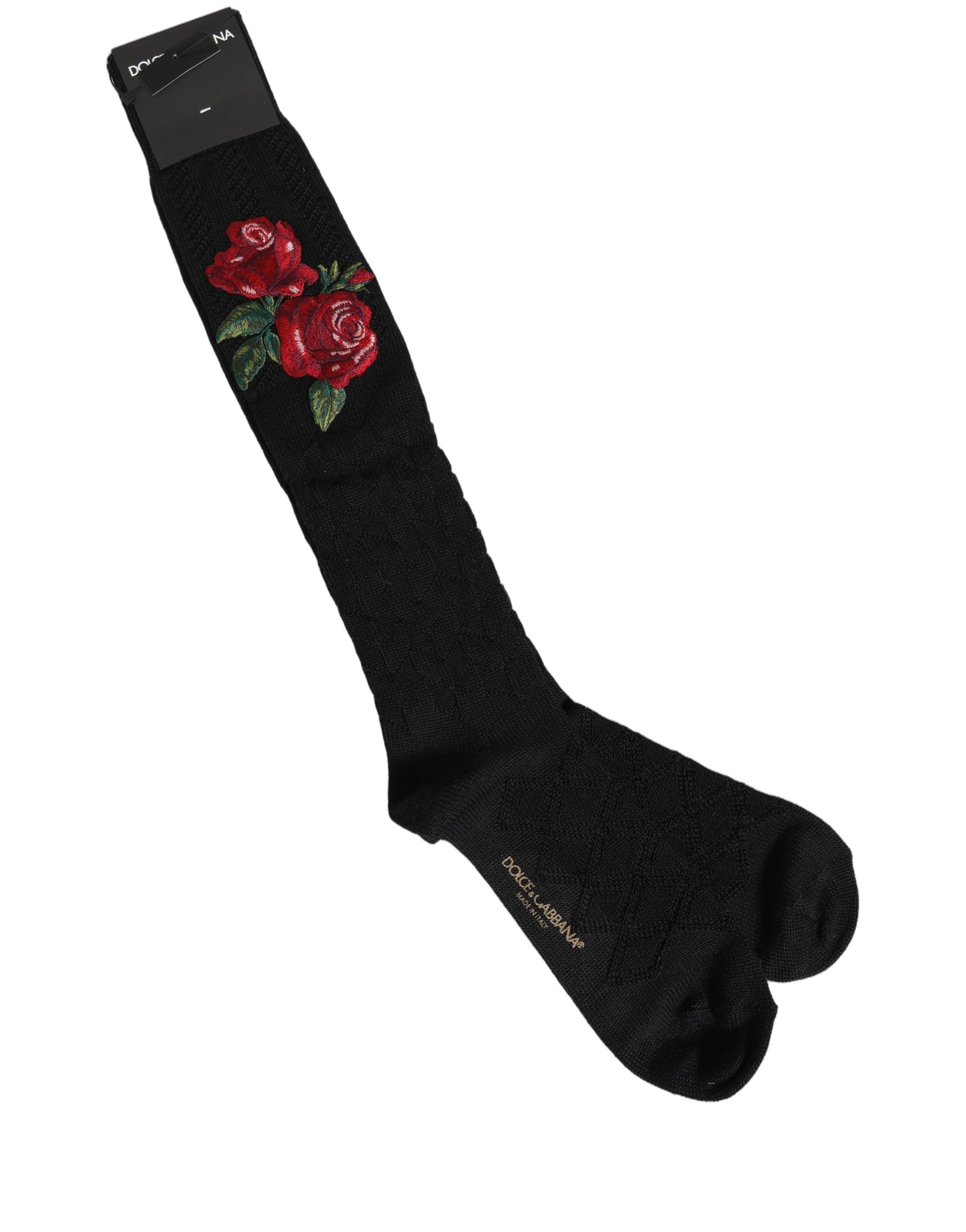 Dolce & Gabbana Black Wool Floral Over The Calf Accessory Women's Socks