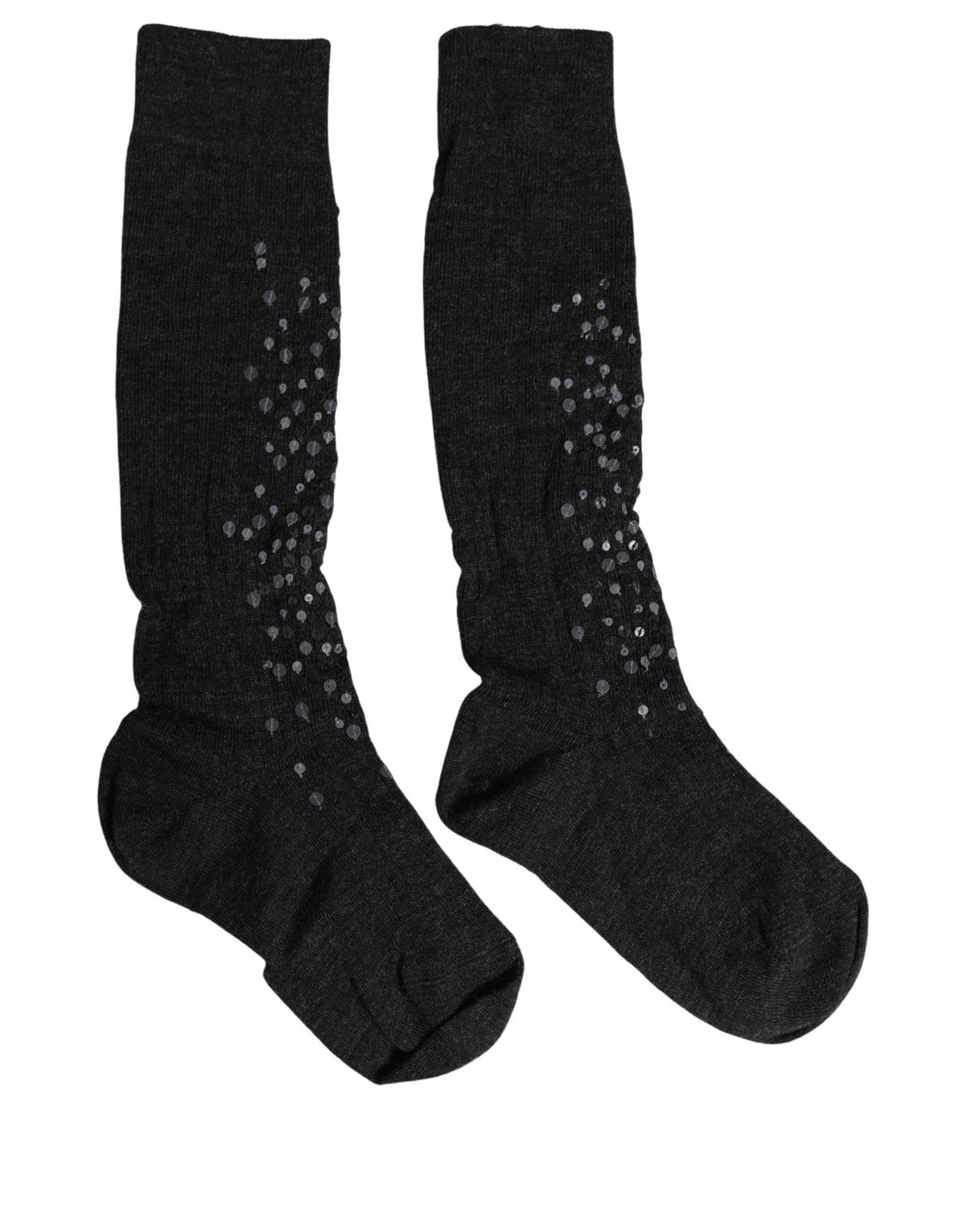 Dolce & Gabbana Dark Gray Sequined Wool Knee High Accessory Women's Socks
