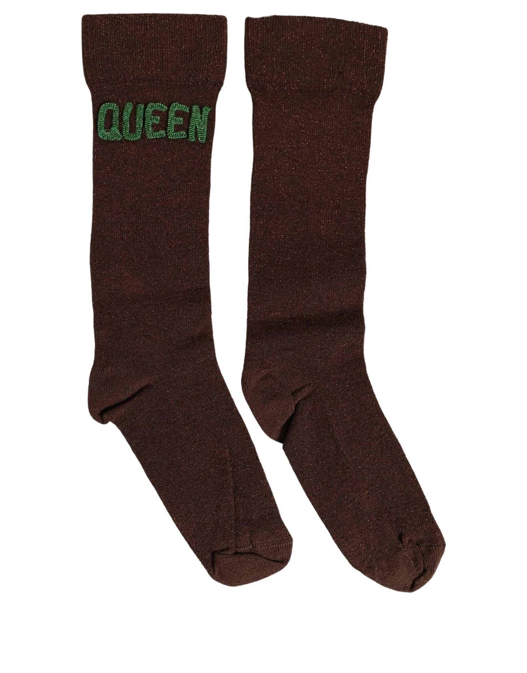 Dolce & Gabbana Brown Embroidered Cotton Mid Calf Accessory Women's Socks