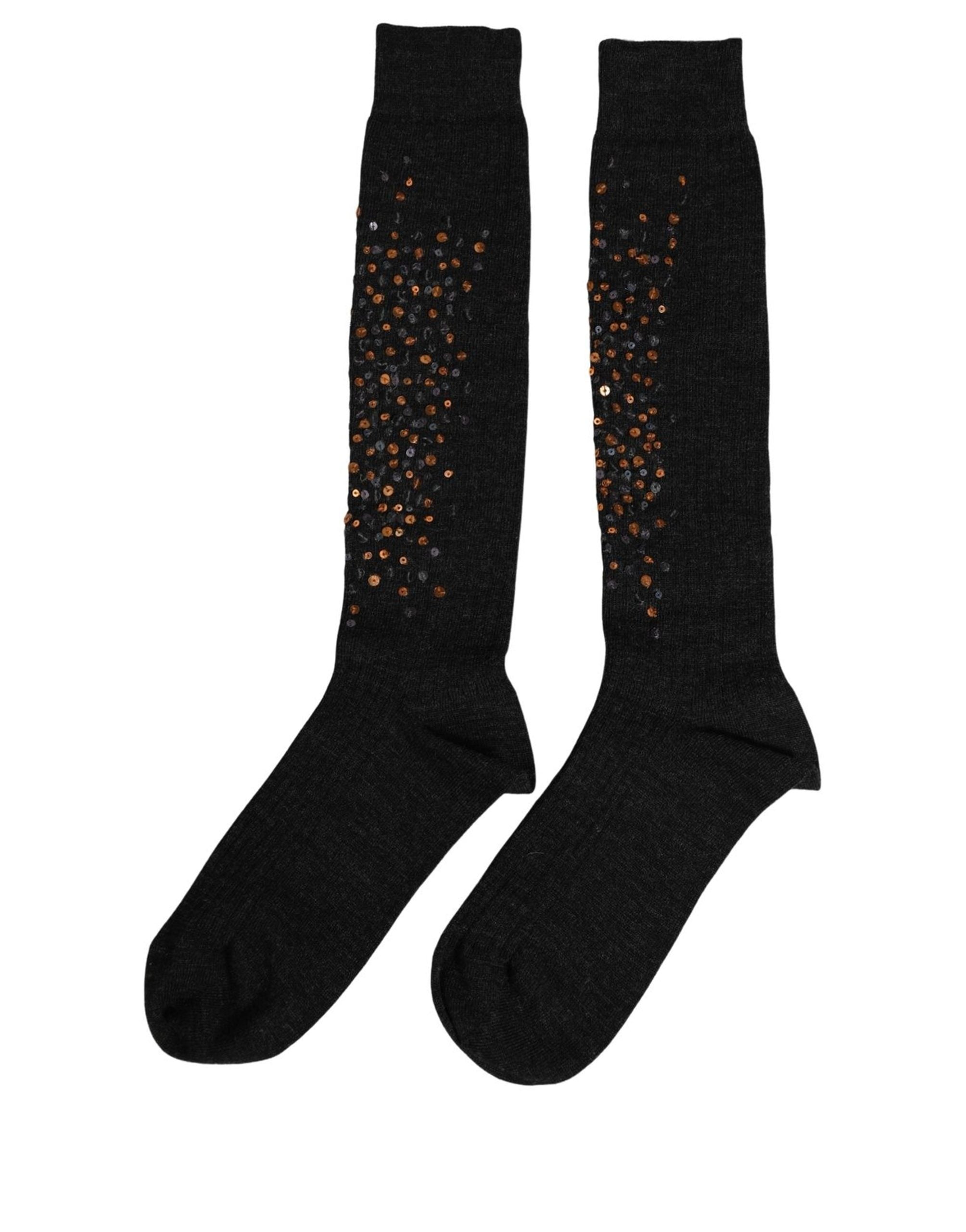 Dolce & Gabbana Dark Gray Sequined Wool Knee High Accessory Women's Socks