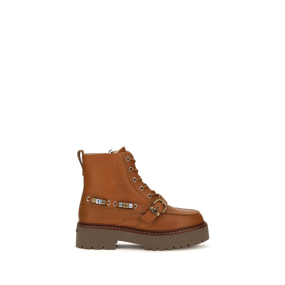 PINKO Brown Calf Leather Bos Taurus Lace-Up Women's Boots