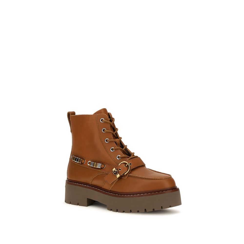 PINKO Brown Calf Leather Bos Taurus Lace-Up Women's Boots