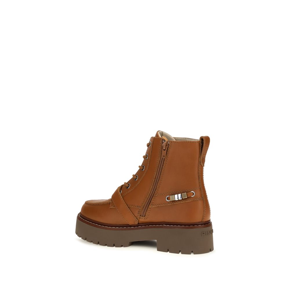 PINKO Brown Calf Leather Bos Taurus Lace-Up Women's Boots