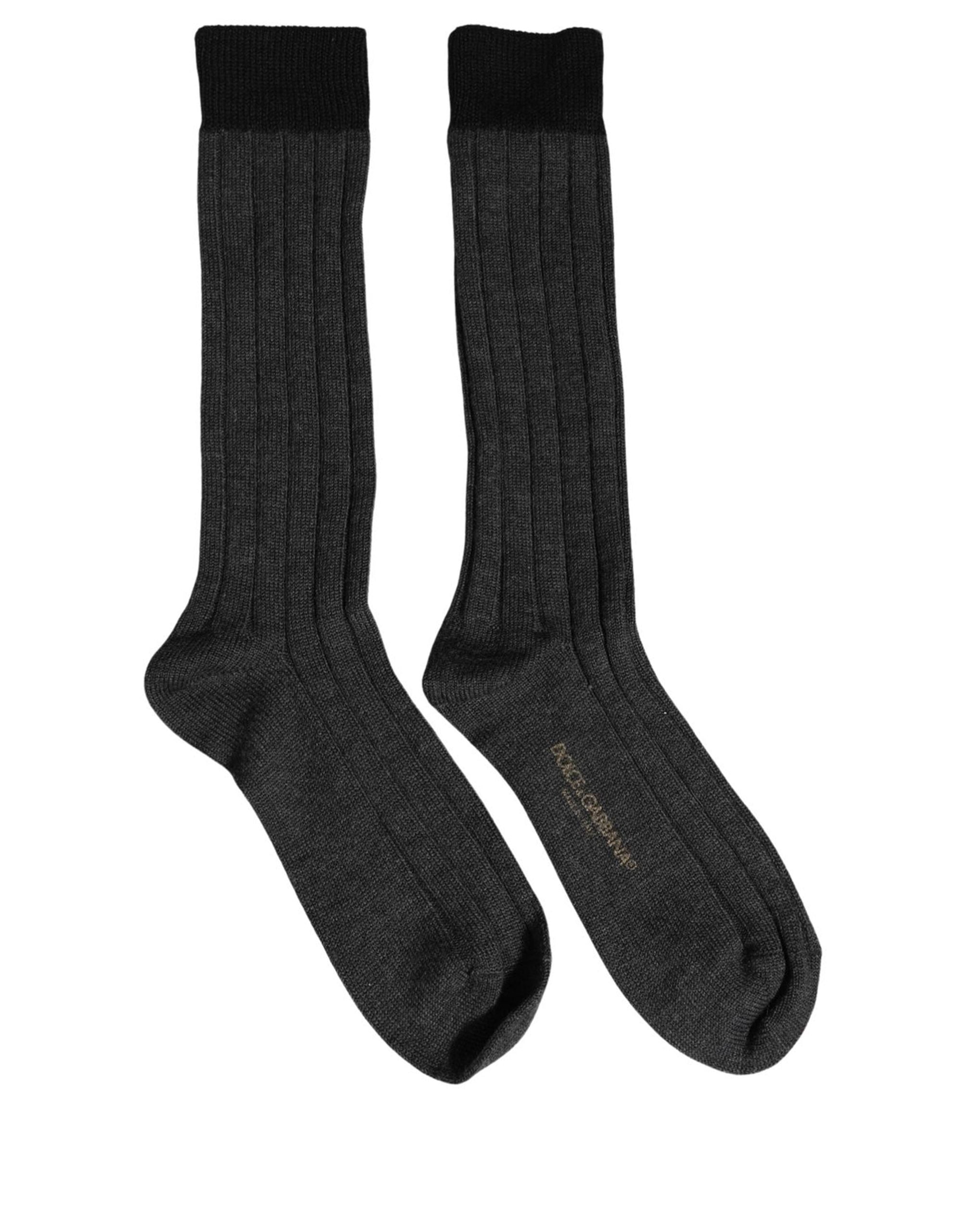 Dolce & Gabbana Dark Gray Wool Logo Calf Long Ribbed Accessory Women's Socks