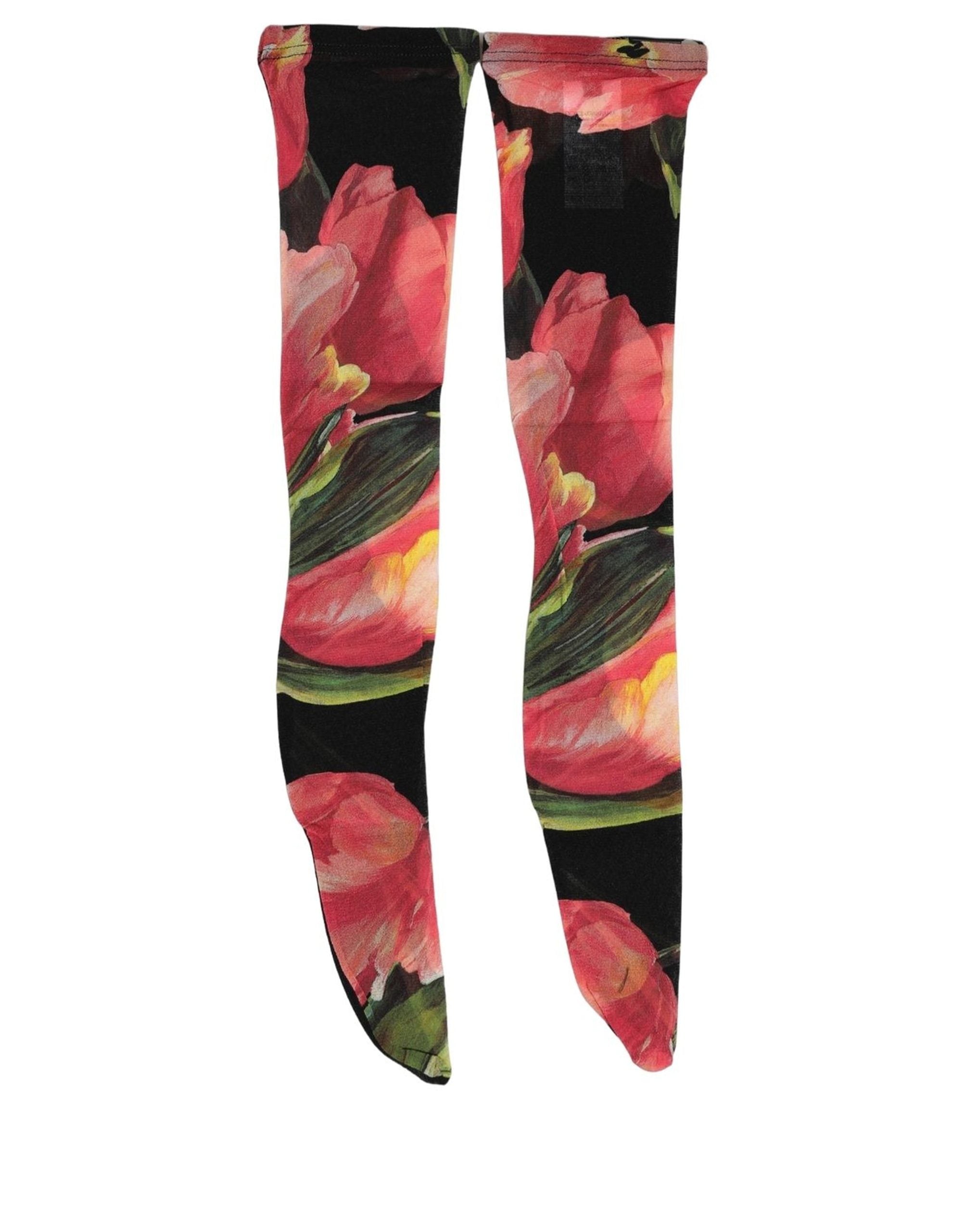 Dolce & Gabbana Black Pink Floral Tulip Nylon Stockings Women's Socks