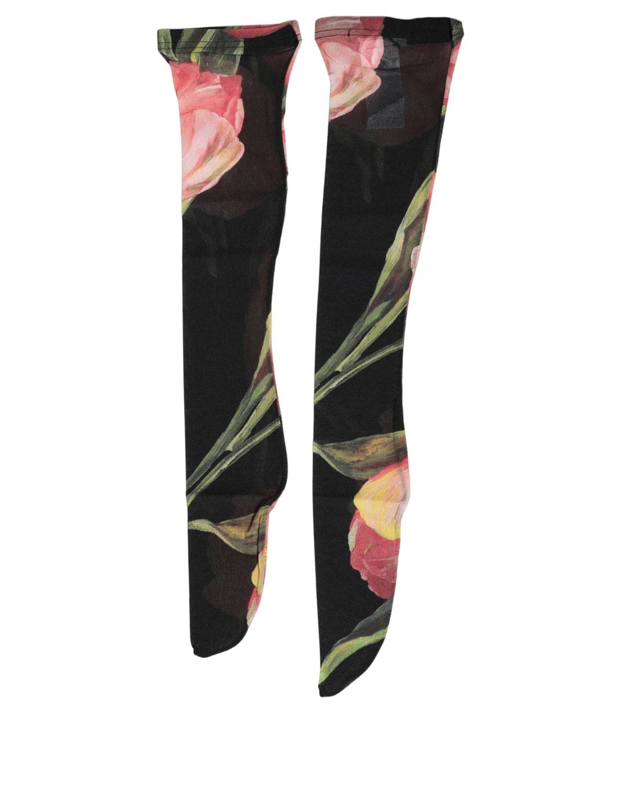 Dolce & Gabbana Black Pink Floral Tulip Nylon Stockings Women's Socks (Pre-Owned)