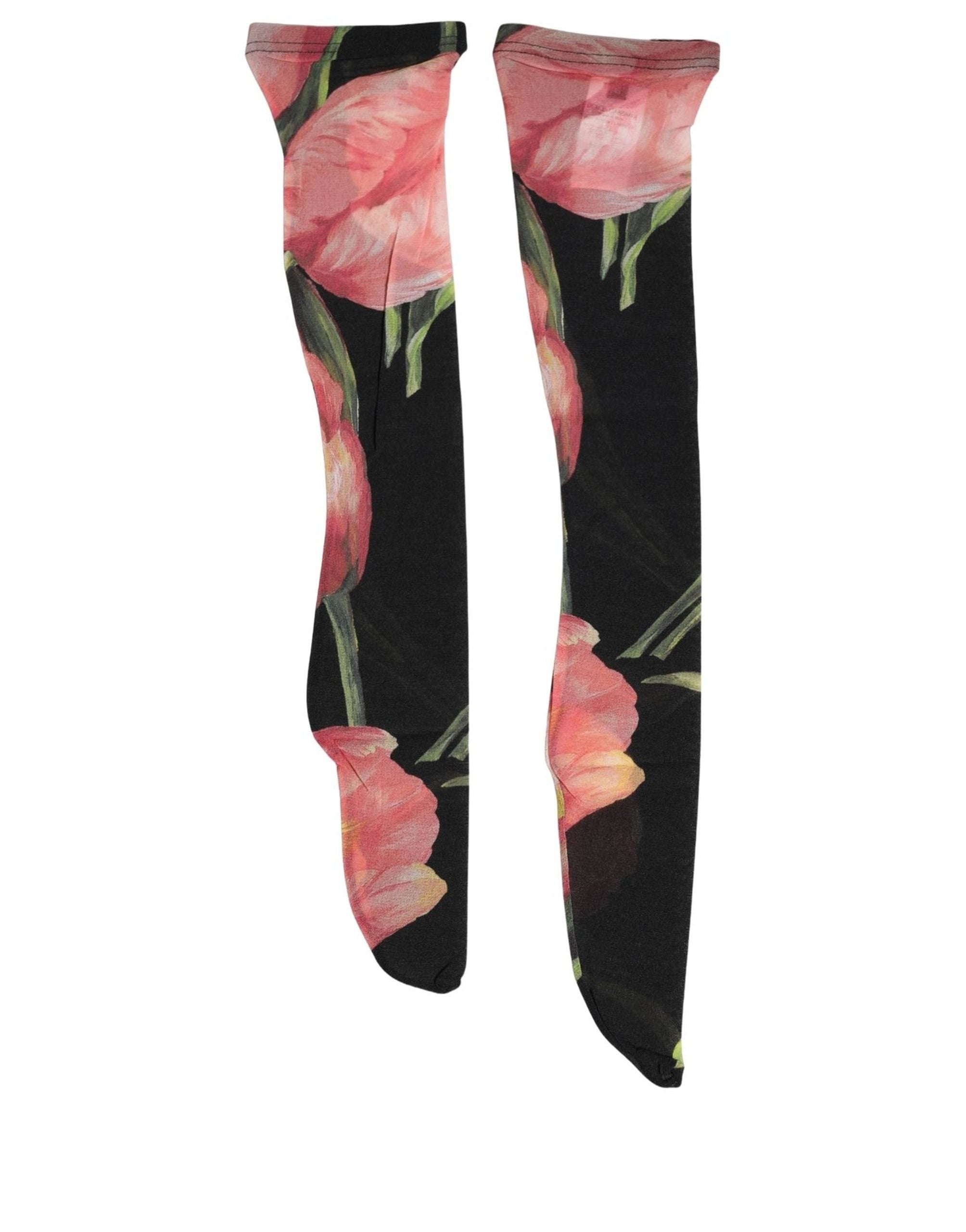 Dolce & Gabbana Black Pink Floral Tulip Nylon Stockings Women's Socks (Pre-Owned)