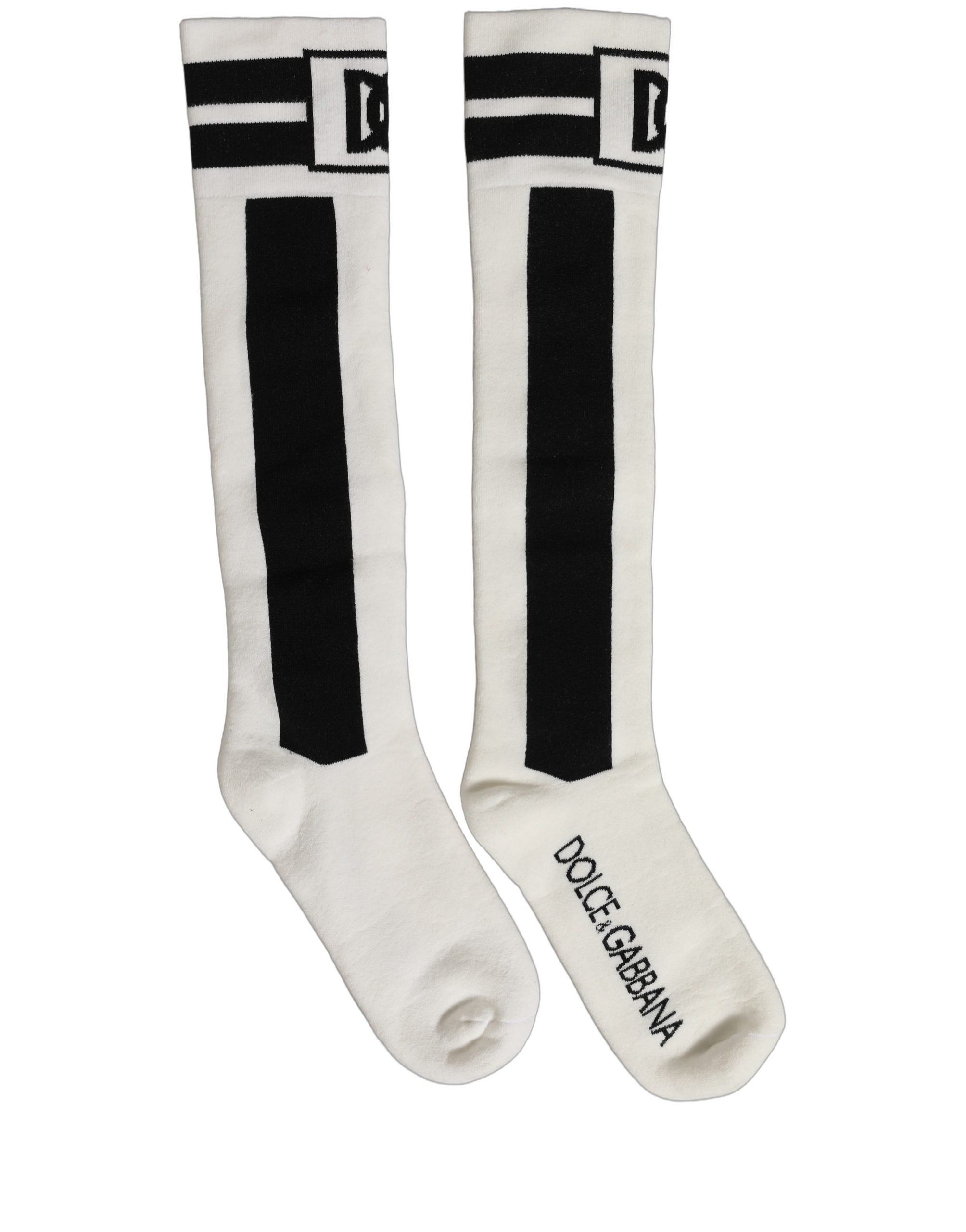 Dolce & Gabbana White Black Cotton Stretch Knee High Women's Socks