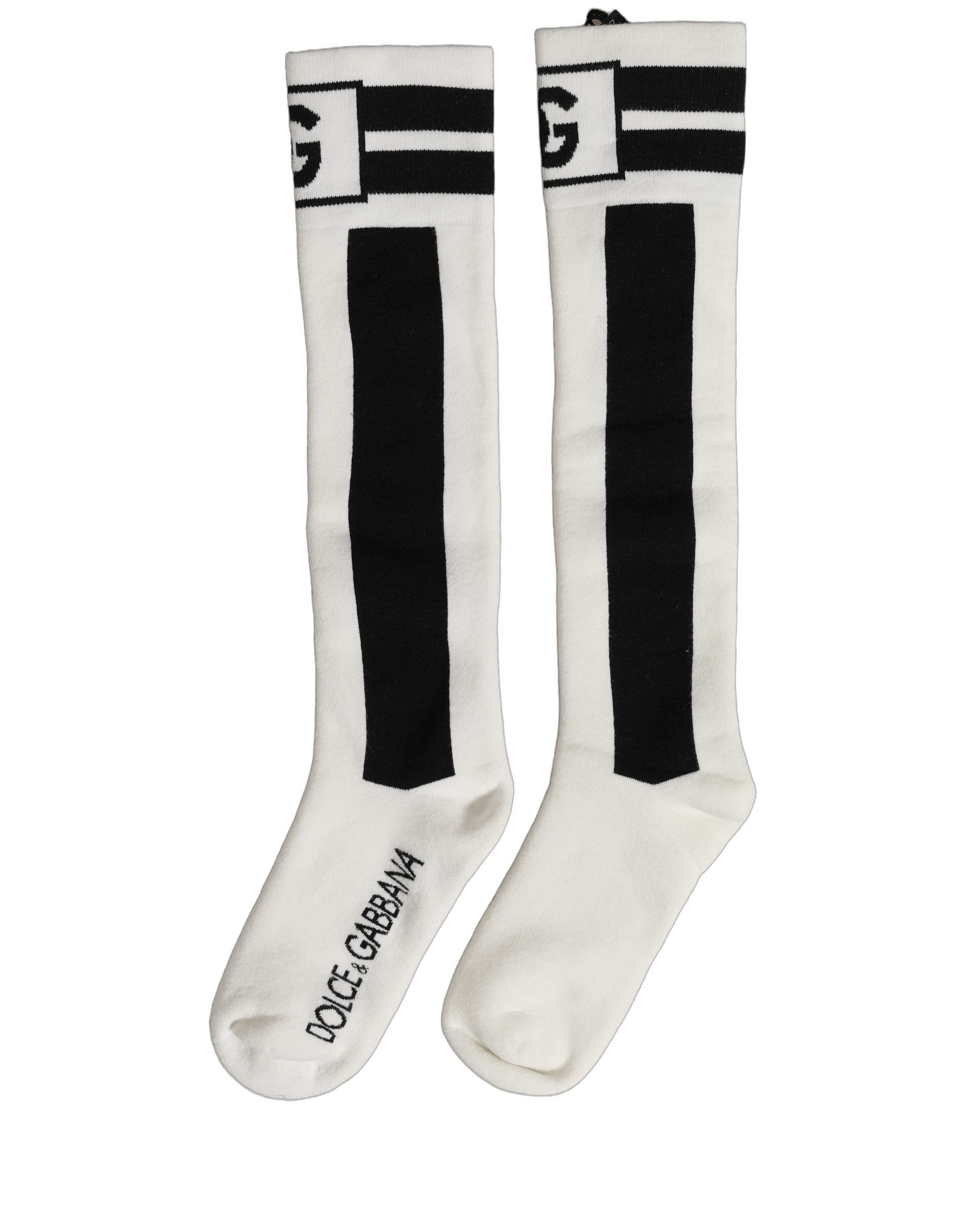 Dolce & Gabbana White Black Cotton Stretch Knee High Women's Socks