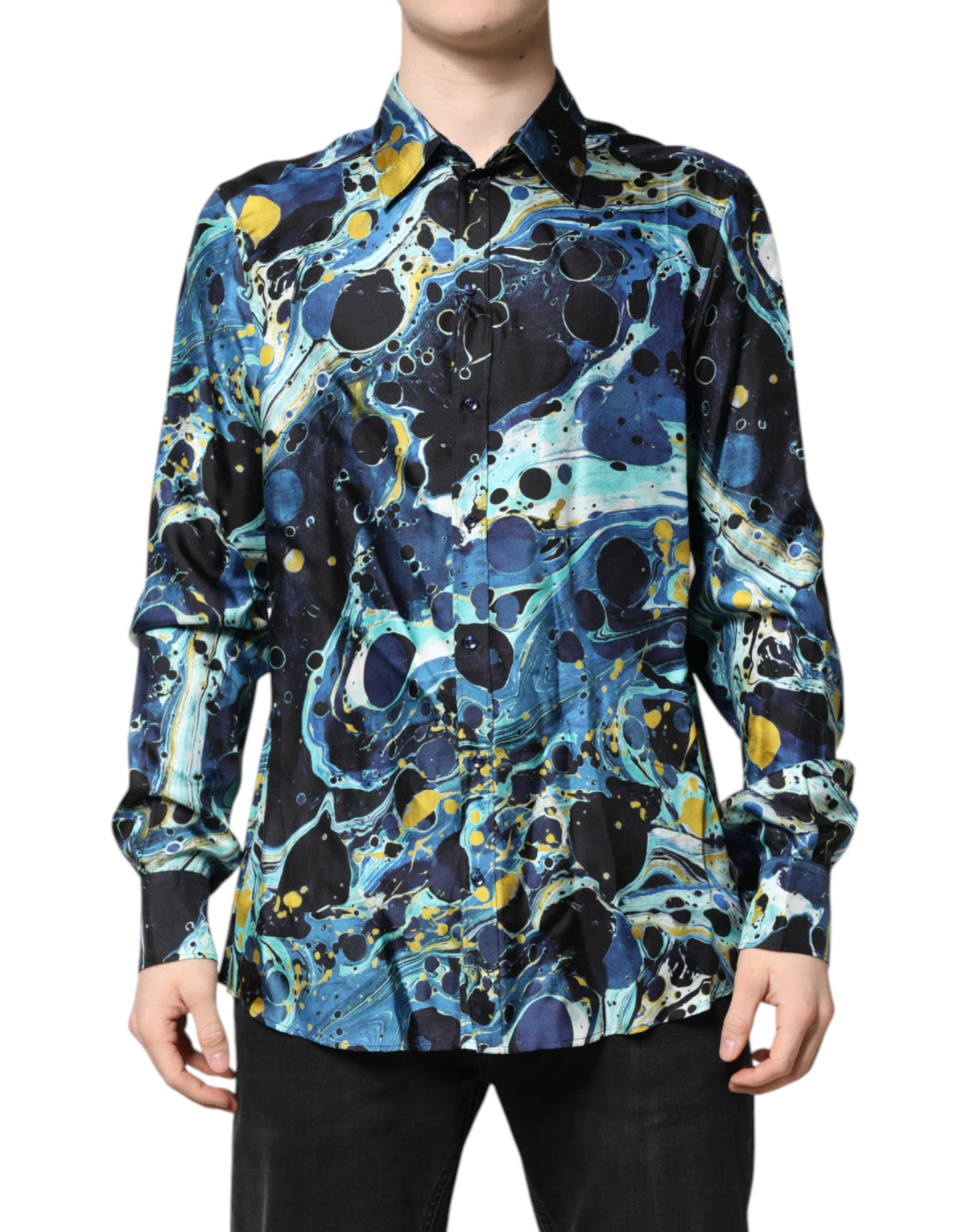 Dolce & Gabbana Blue Marble Print MARTINI Dress Formal Men's Shirt