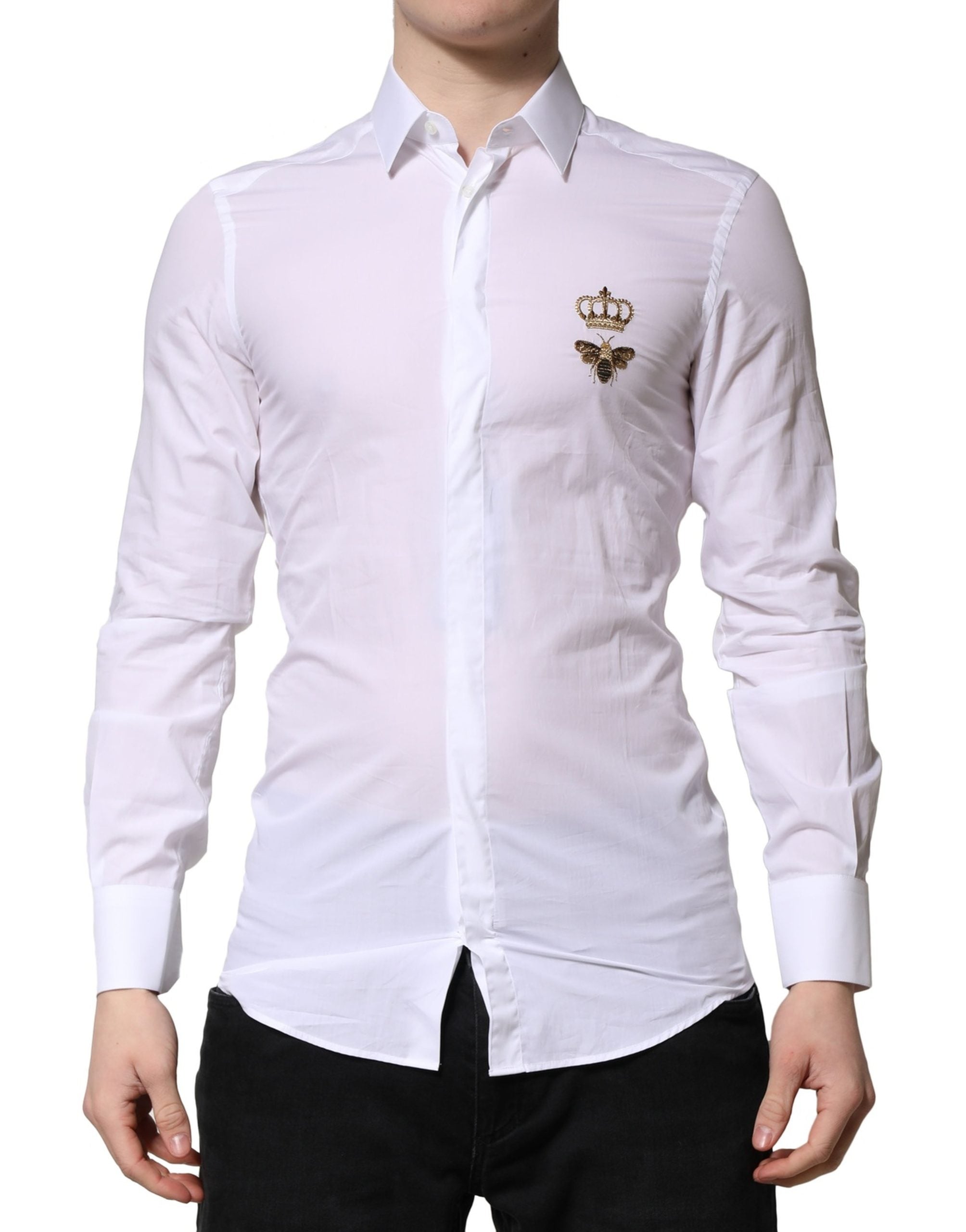 Dolce & Gabbana White GOLD Crown Bee Cotton Formal Dress Men's Shirt (Pre-Owned)