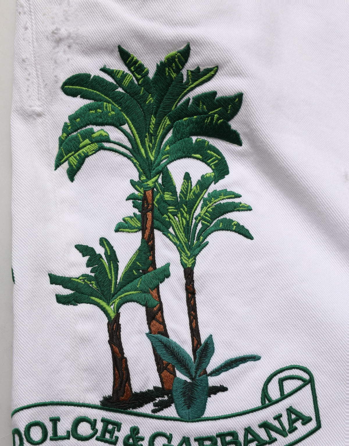 Dolce & Gabbana White Palm Embroidery Denim Bermuda Men's Shorts