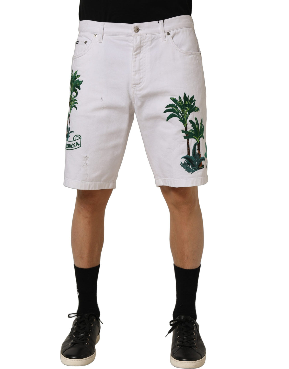 Dolce & Gabbana White Palm Embroidery Denim Bermuda Men's Shorts