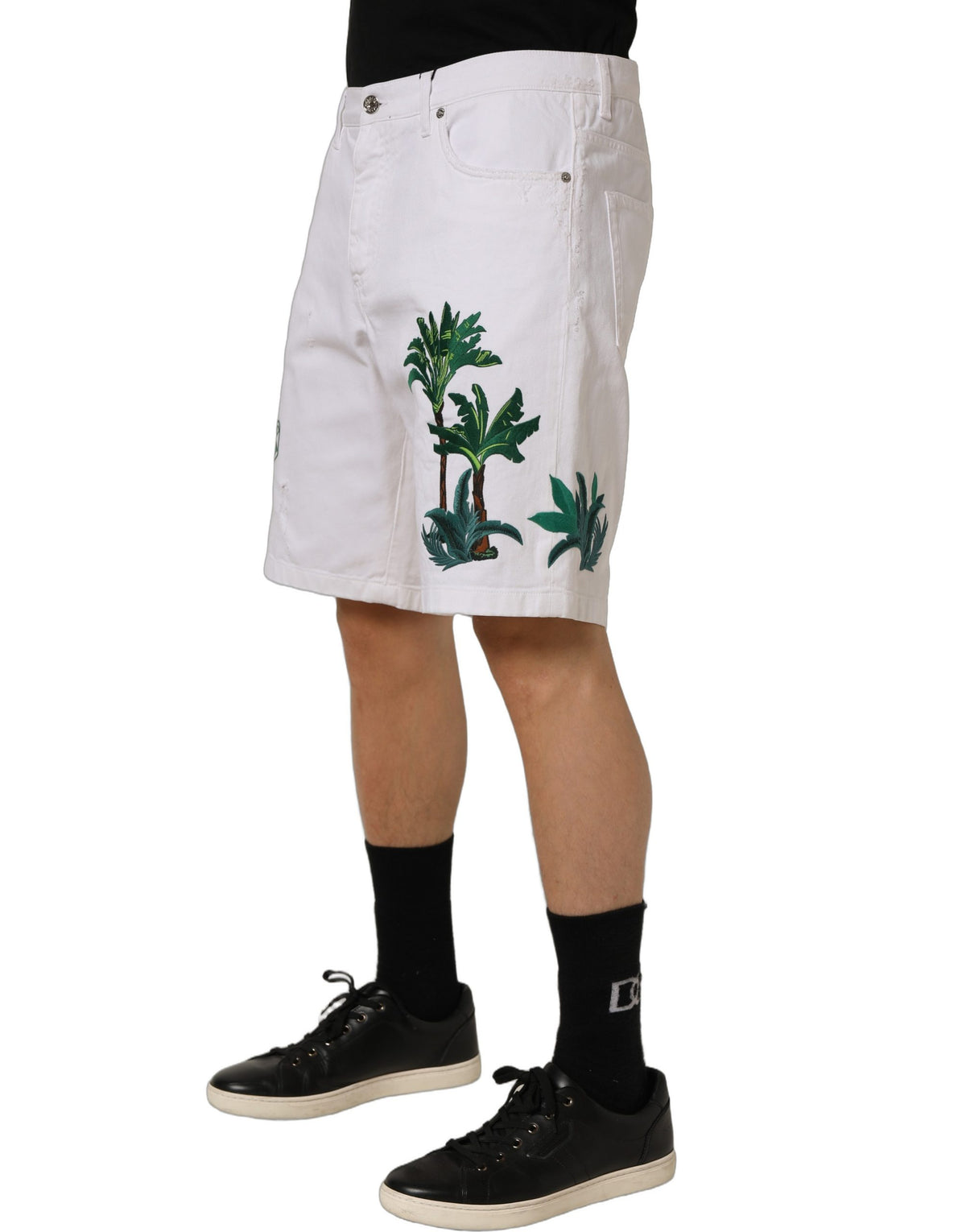 Dolce & Gabbana White Palm Embroidery Denim Bermuda Men's Shorts