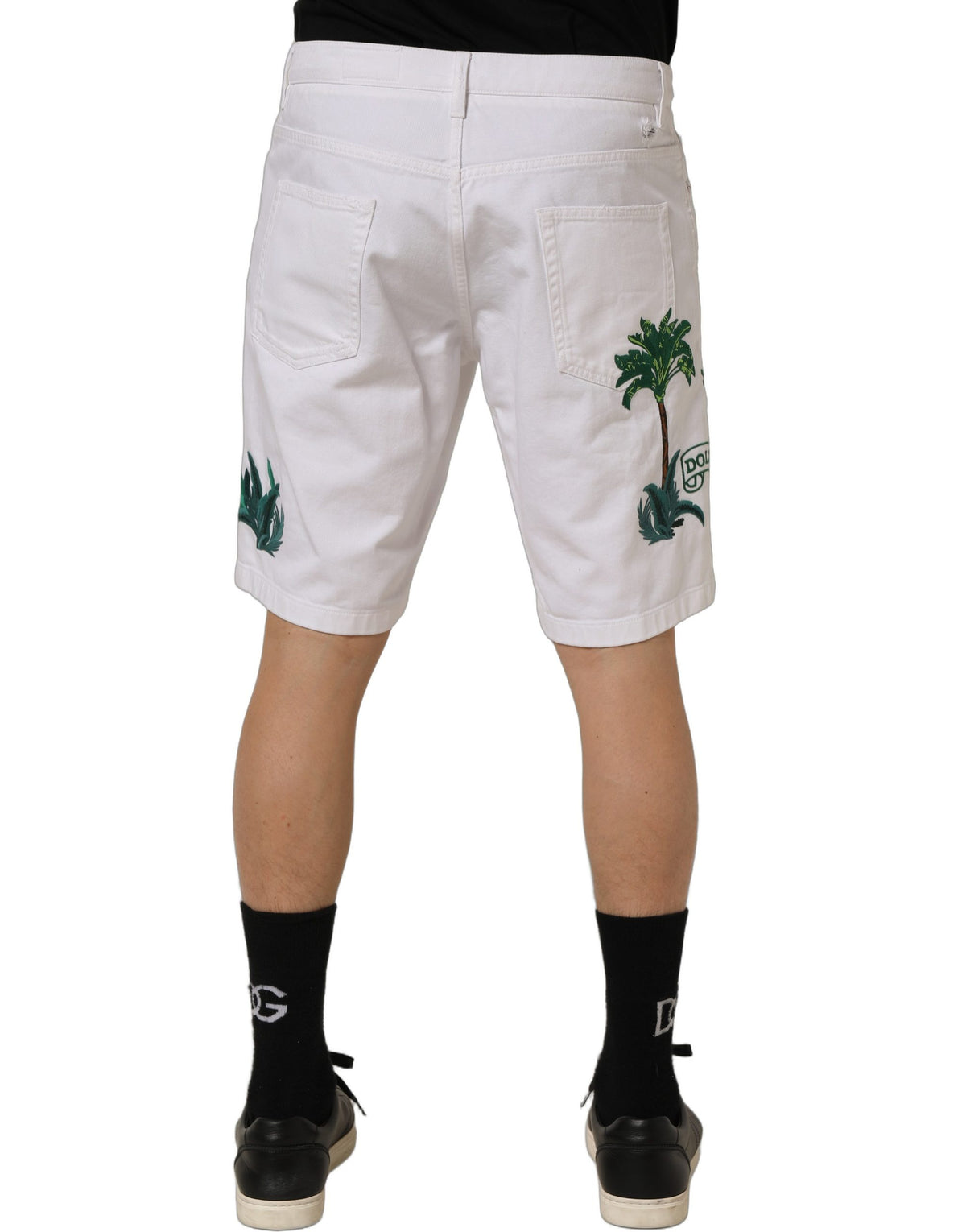 Dolce & Gabbana White Palm Embroidery Denim Bermuda Men's Shorts