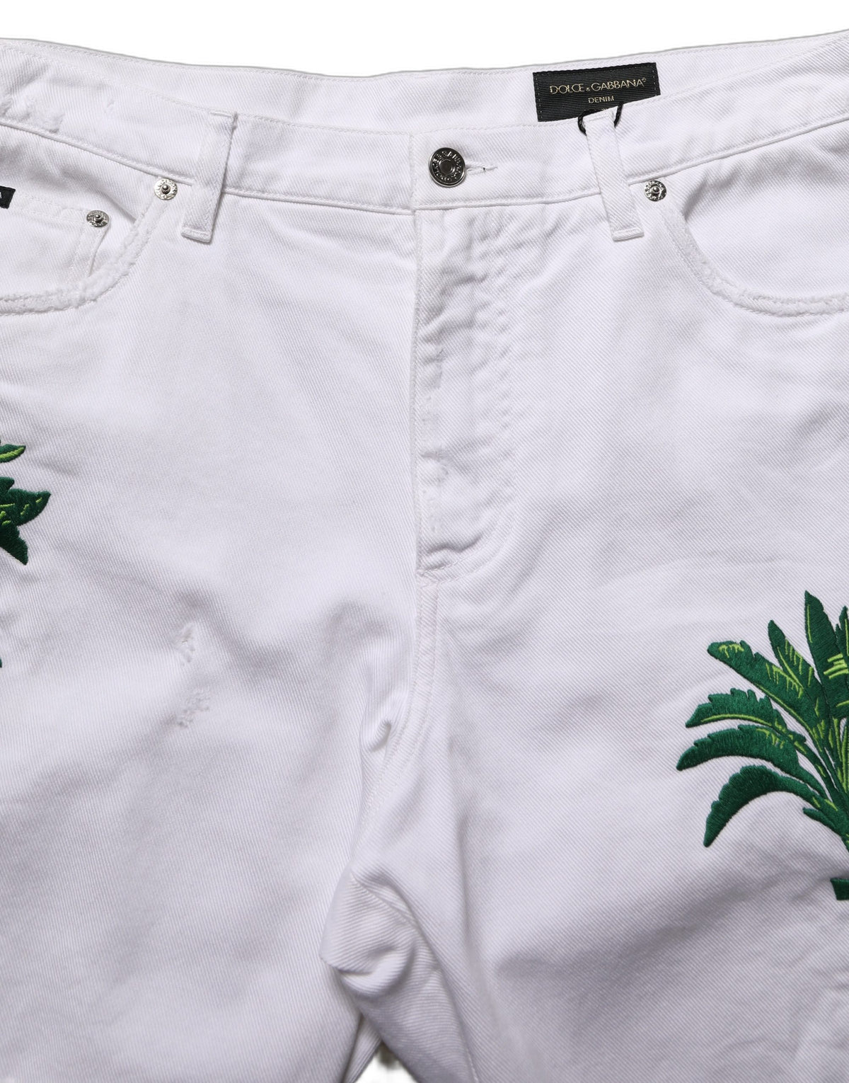 Dolce & Gabbana White Palm Embroidery Denim Bermuda Men's Shorts